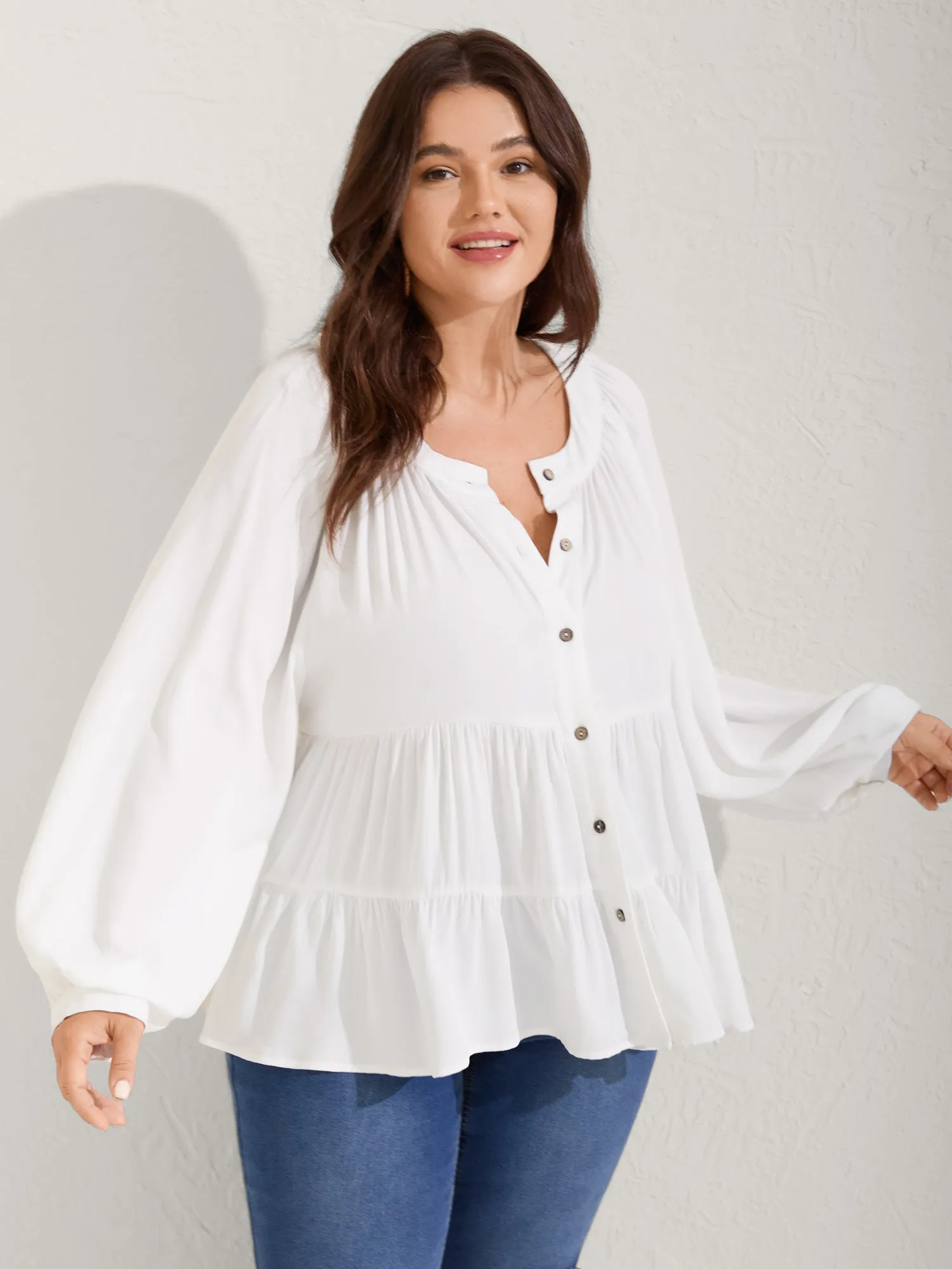 Tiered Button Placket Puffy Sleeve Blouse sold by Bloomchic