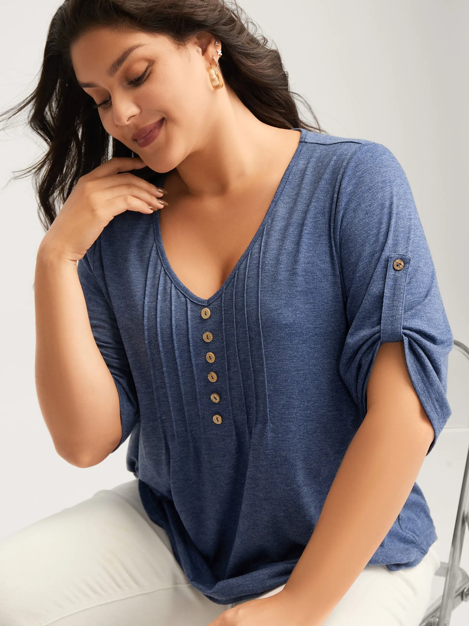 Supersoft Tab Sleeve Placket T-Shirt sold by Bloomchic