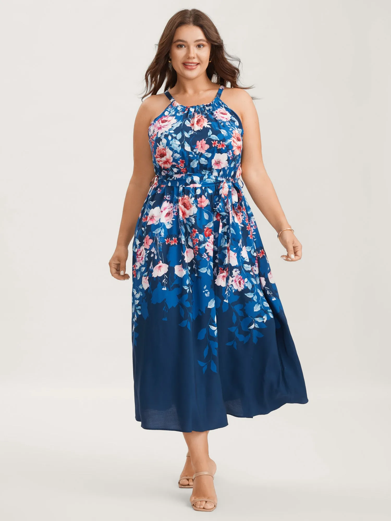 Floral Stretchy-Waist Belted Midi Dress sold by Bloomchic