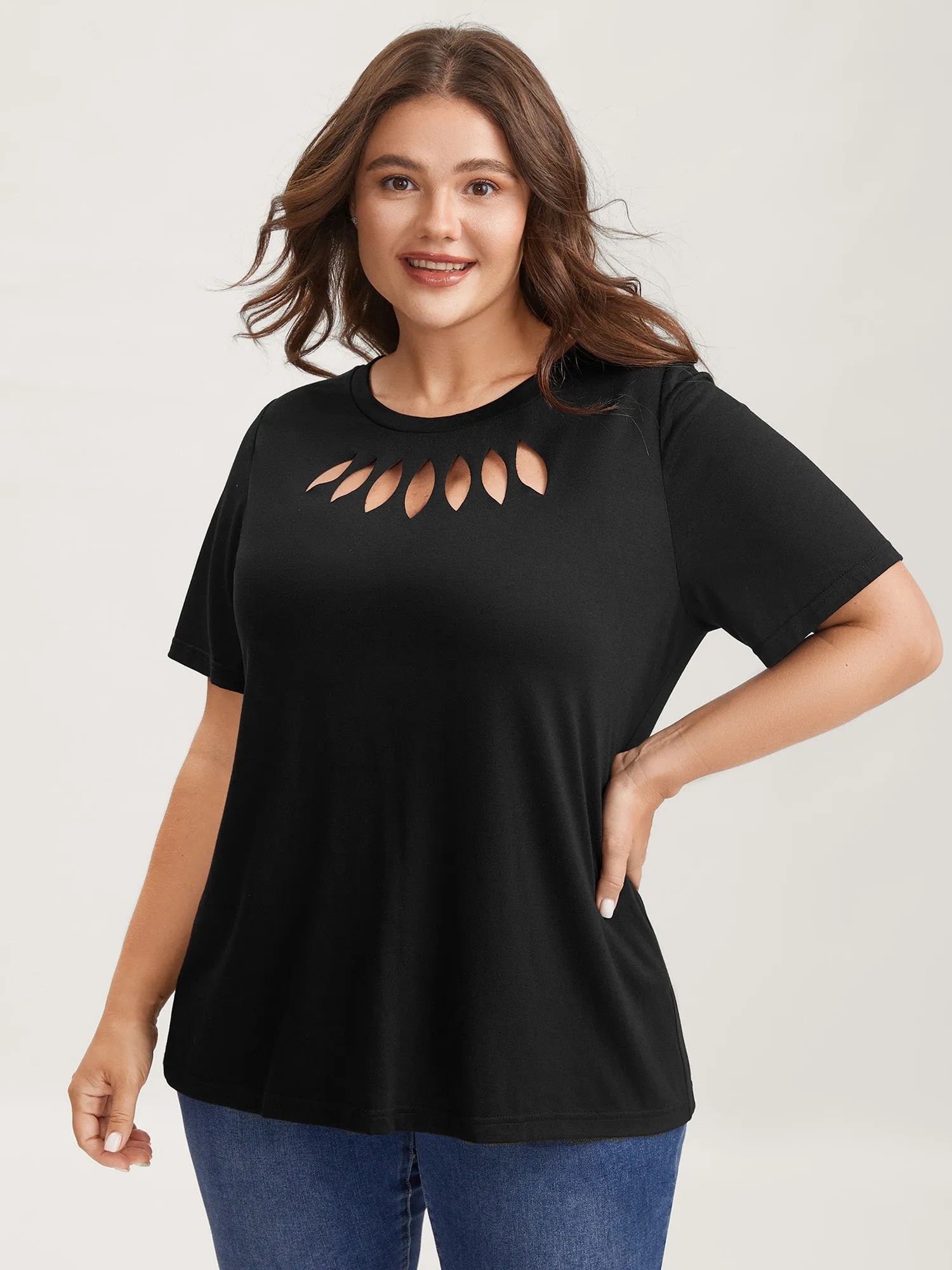 Laser Cut-Out Neck Solid T-Shirt sold by Bloomchic