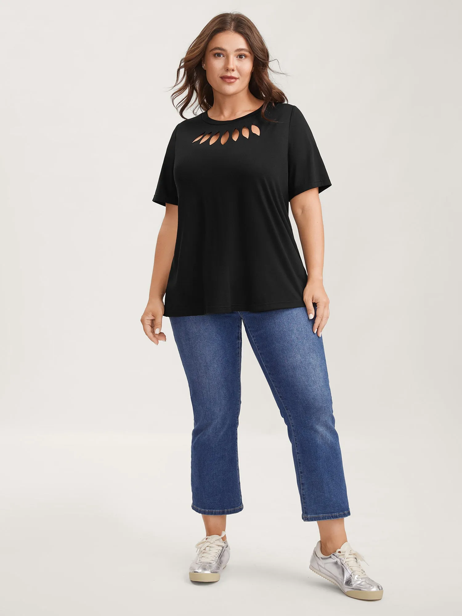 Laser Cut-Out Neck Solid T-Shirt sold by Bloomchic product image thumbnail 3