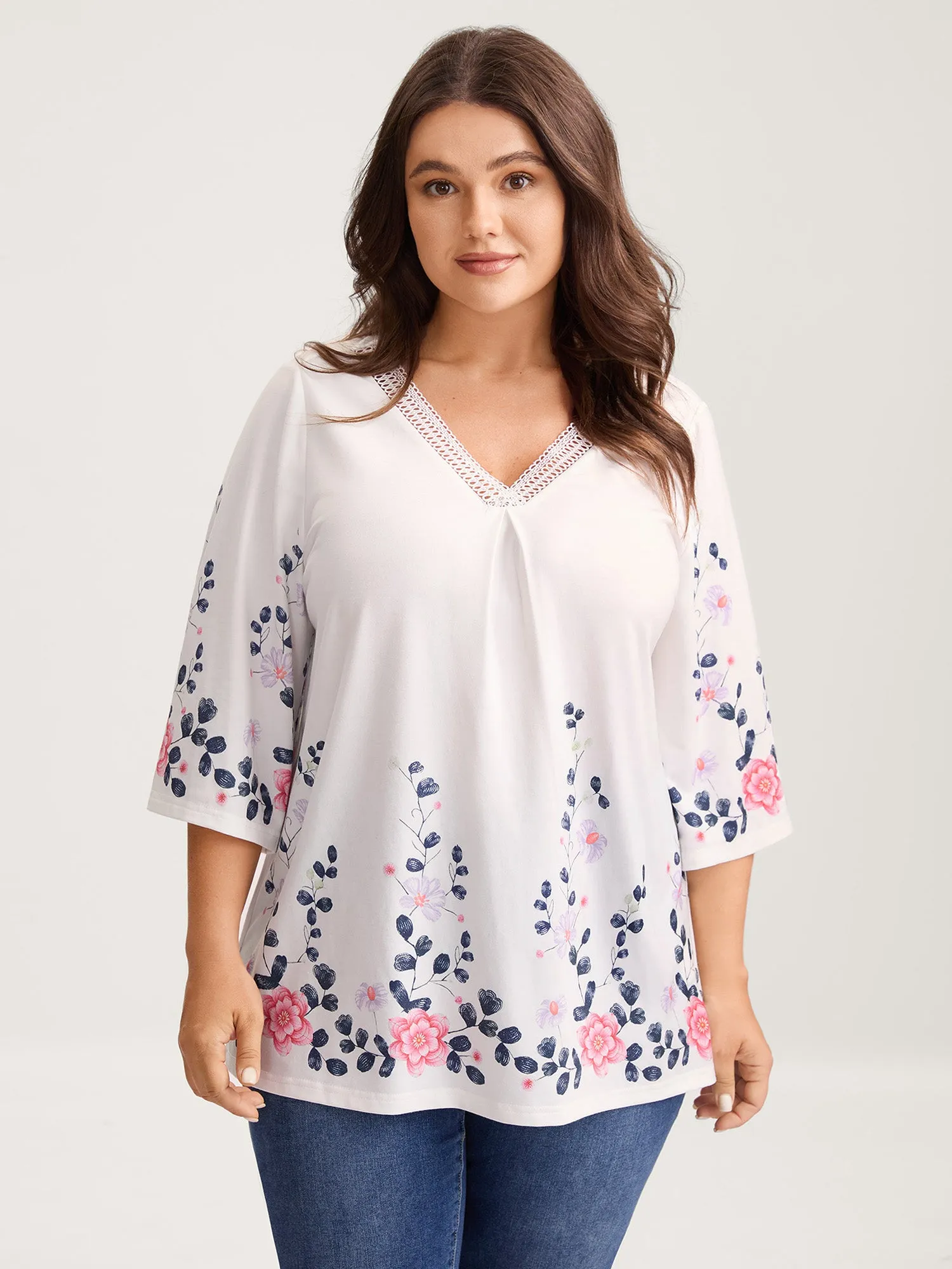 Stretchy Floral Print V-Neck Knit Top sold by Bloomchic