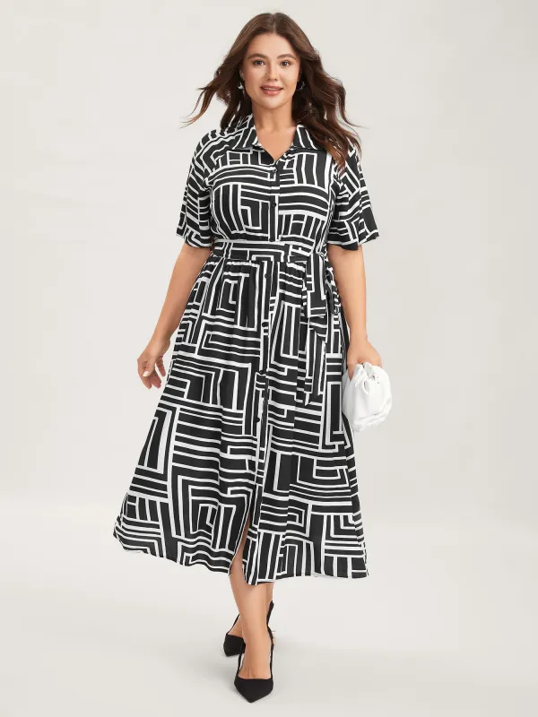 Geometric Print Monochrome Shirt Dress sold by Bloomchic