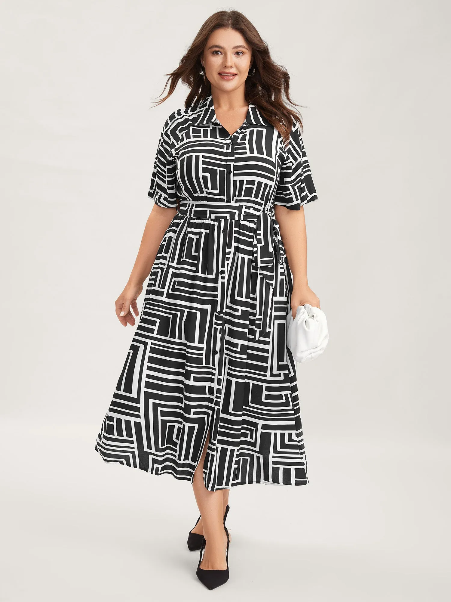 Geometric Print Monochrome Shirt Dress sold by Bloomchic