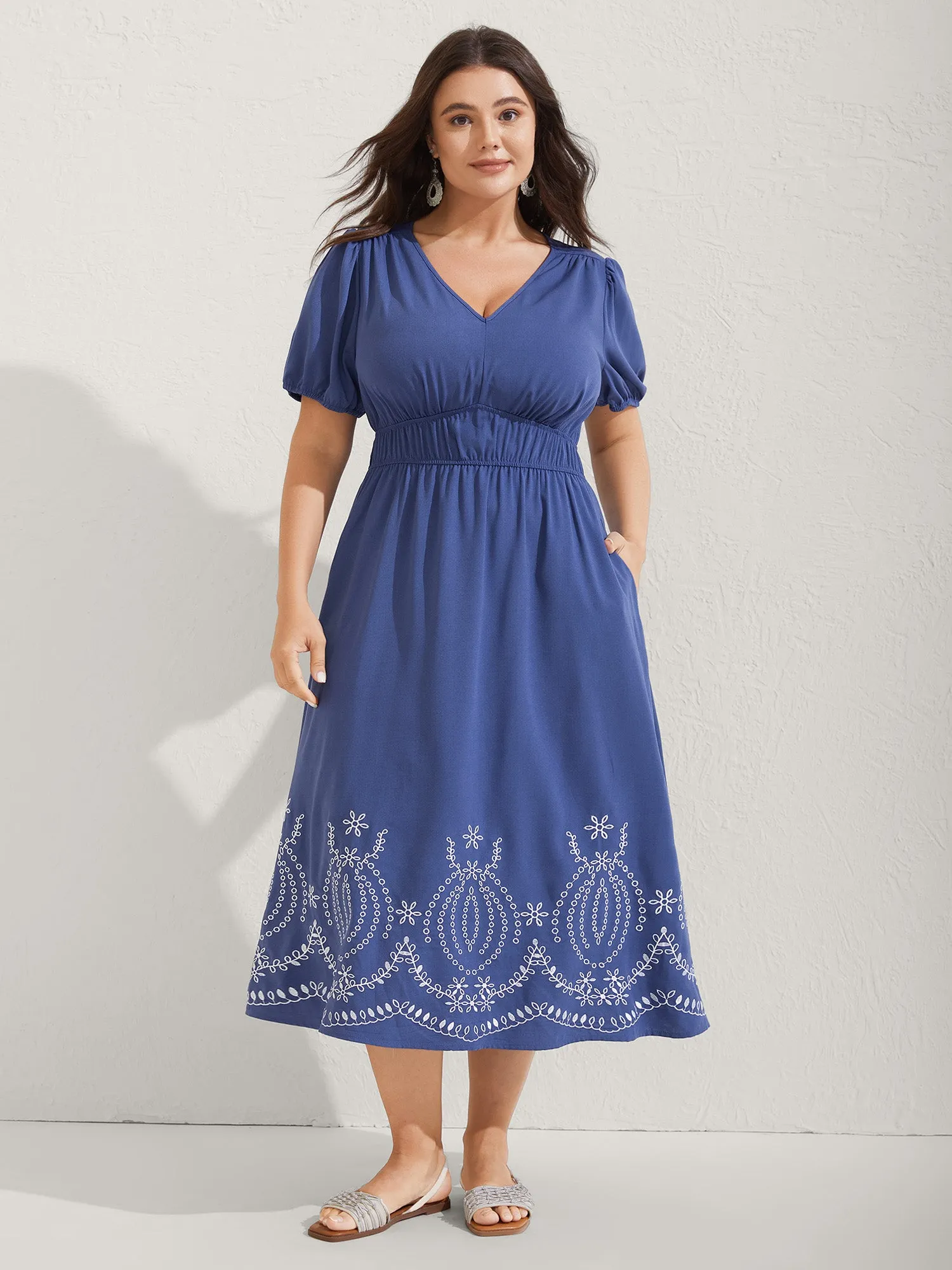 Embroidered Hem Stretchy Waist Midi Dress sold by Bloomchic product image thumbnail 3