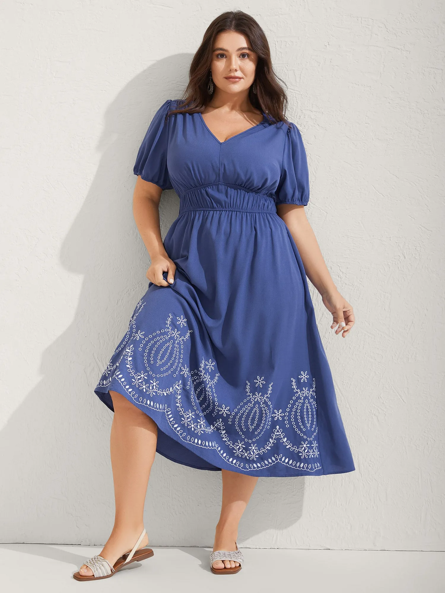 Embroidered Hem Stretchy Waist Midi Dress sold by Bloomchic