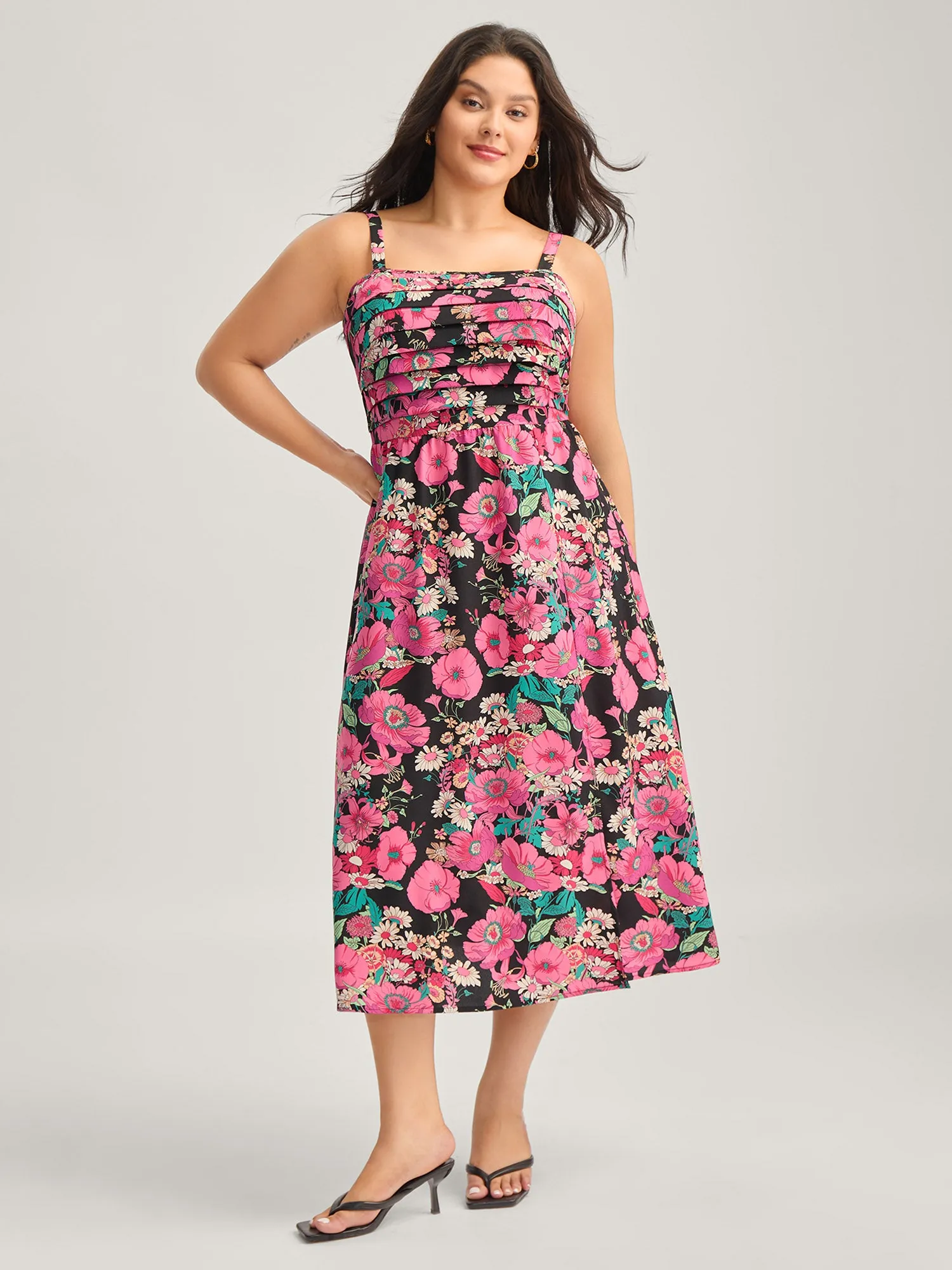 Pleated Side Pockets Floral Midi Dress sold by Bloomchic