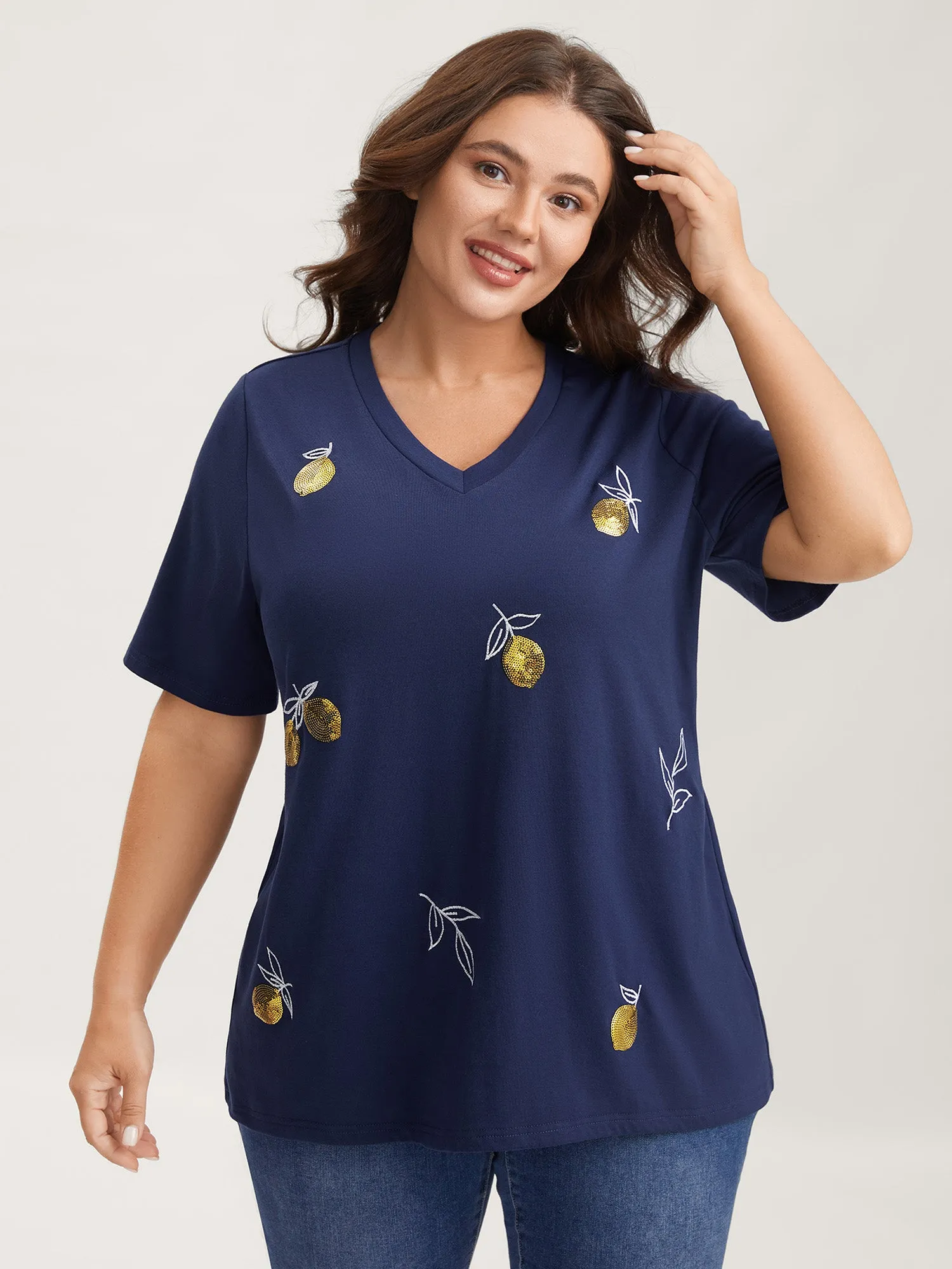 Citrus Embroidered Shimmery Solid T-Shirt sold by Bloomchic