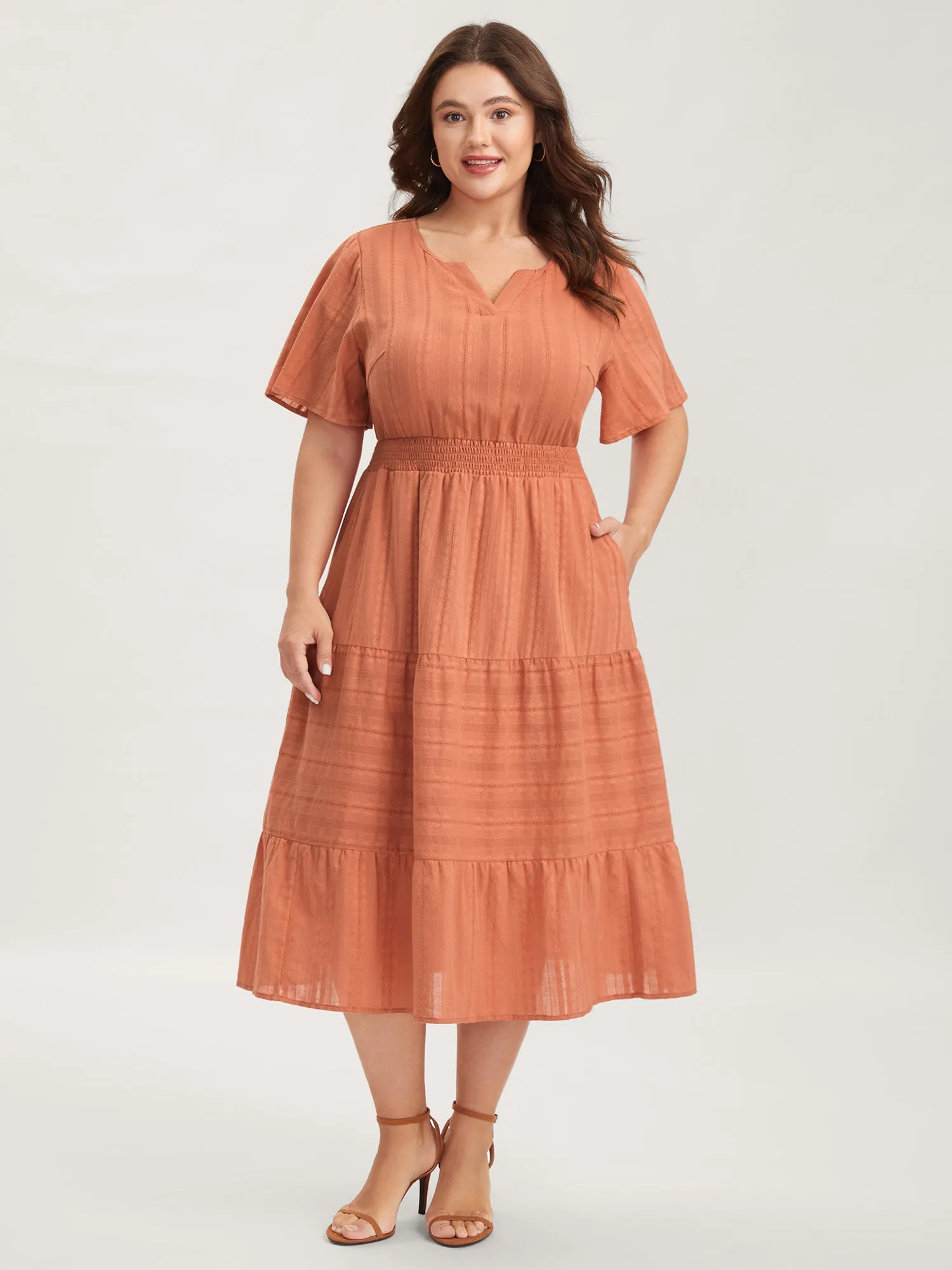 Pure Cotton Solid Textured Shirred Midi Dress sold by Bloomchic