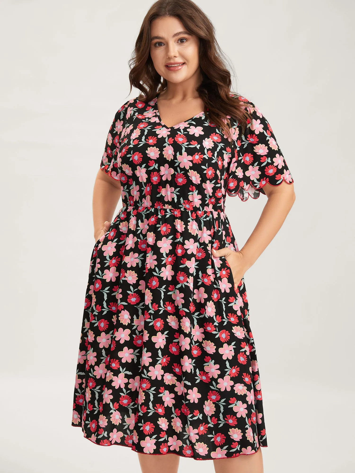 Floral Radiance Flared Scalloped Sleeve Midi Dress sold by Bloomchic