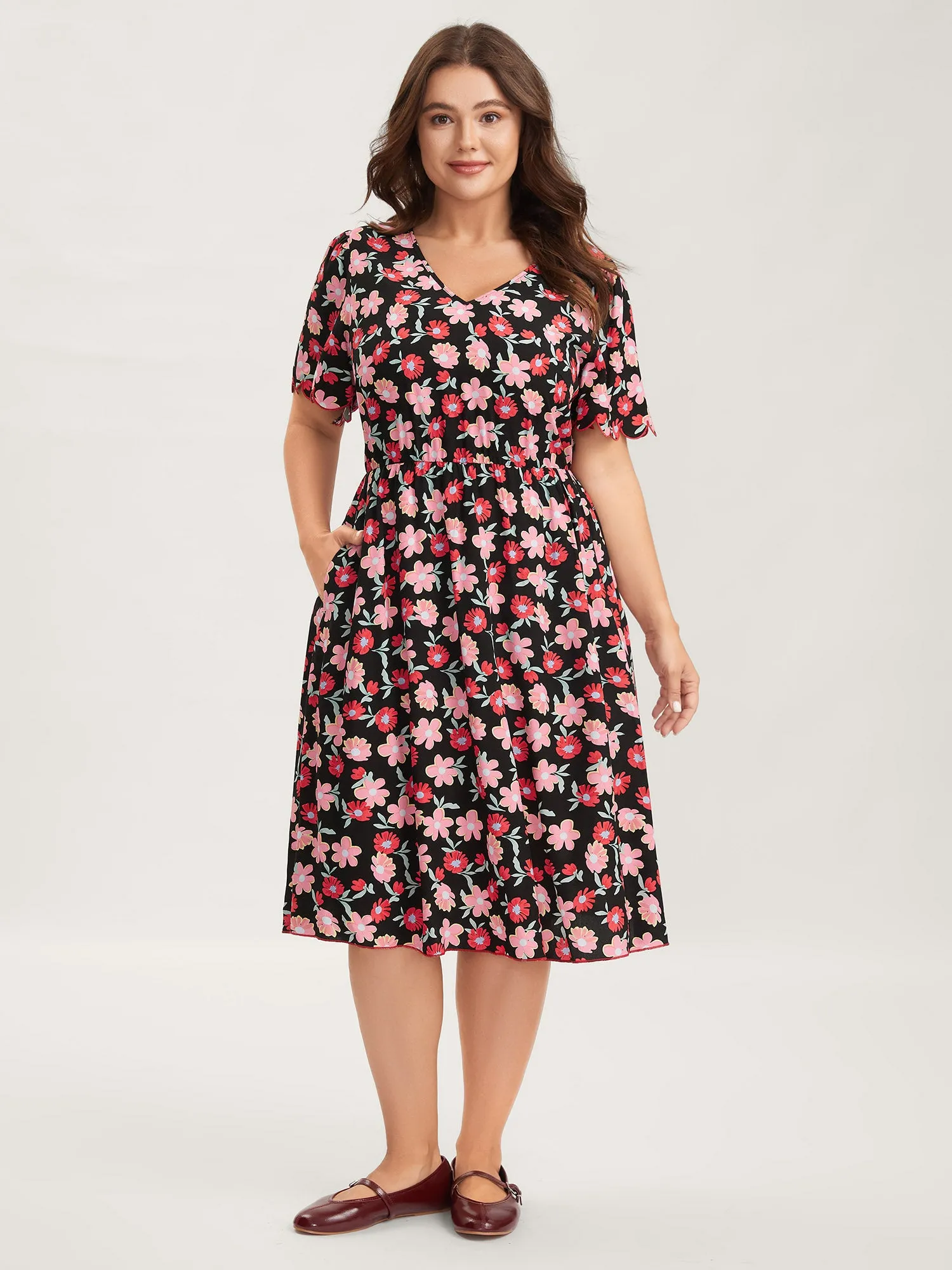 Floral Radiance Flared Scalloped Sleeve Midi Dress sold by Bloomchic product image thumbnail 3