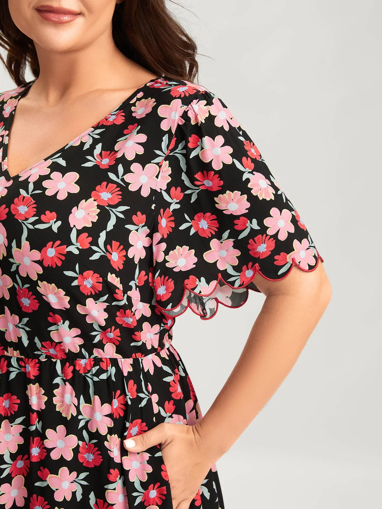 Floral Radiance Flared Scalloped Sleeve Midi Dress sold by Bloomchic product image thumbnail 2