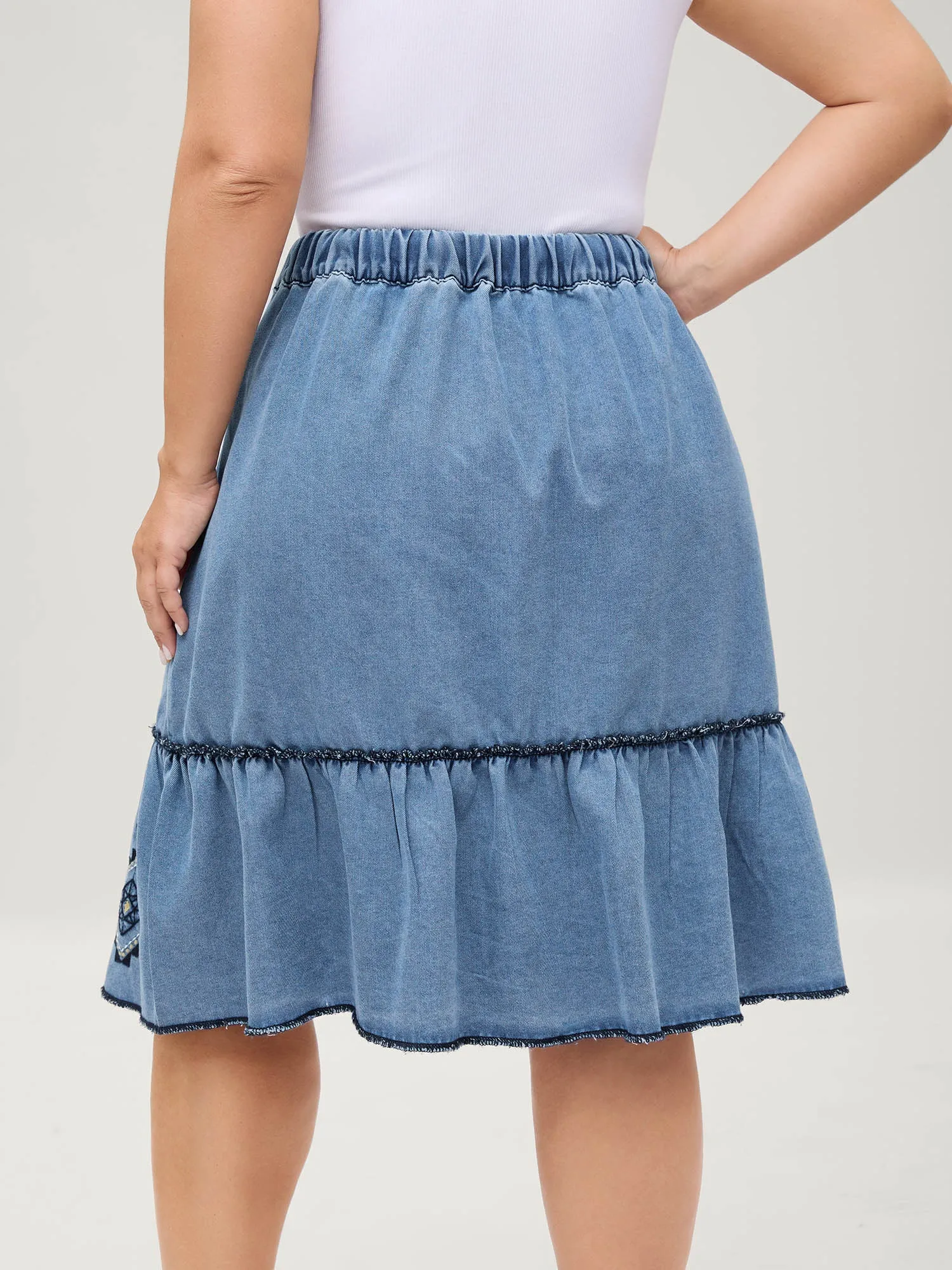 Boho Embroidery Ruffled Hem Denim Skirt sold by Bloomchic product image thumbnail 5