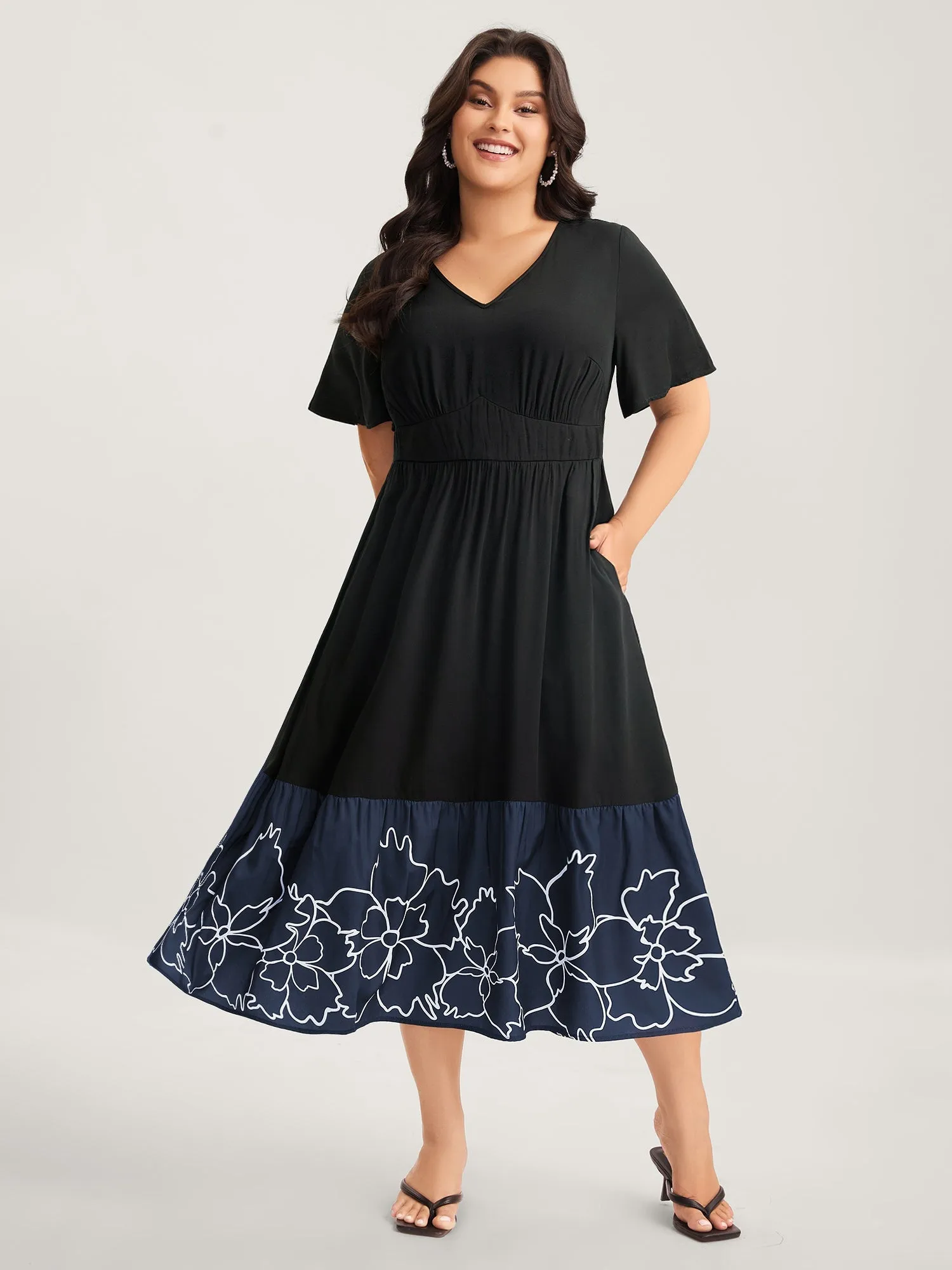 Rayon Floral Hem Cinched-Waist Midi Dress sold by Bloomchic