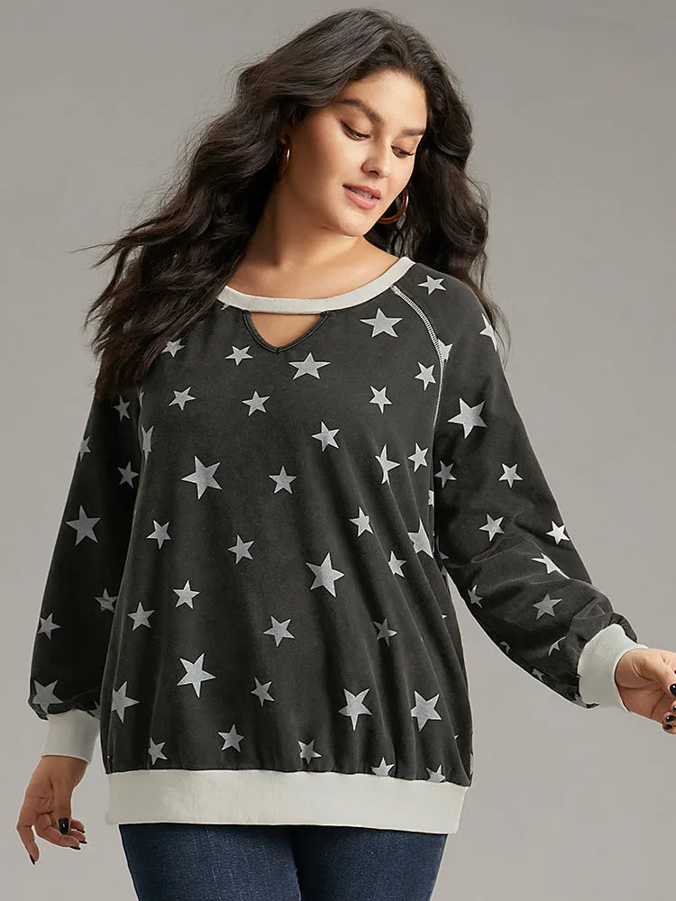 Star Print Keyhole Rib Knit Hem Sweatshirt sold by Bloomchic