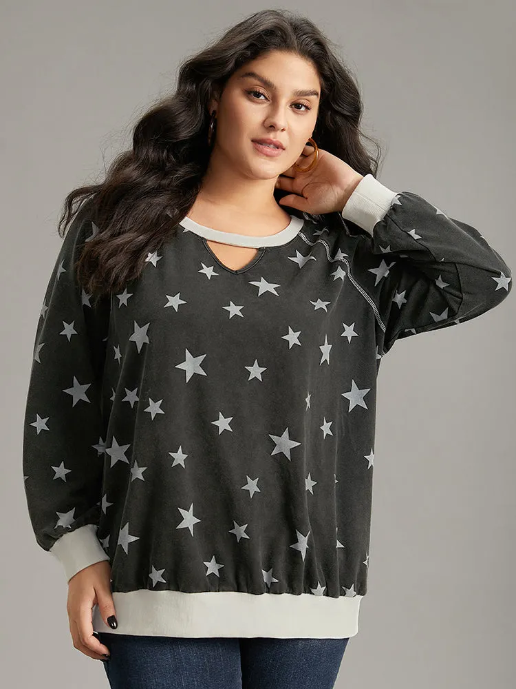Star Print Keyhole Rib Knit Hem Sweatshirt sold by Bloomchic product image thumbnail 2