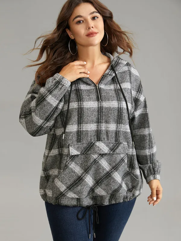 Plaid Half Zip Pocket Hooded Sweatshirt sold by Bloomchic