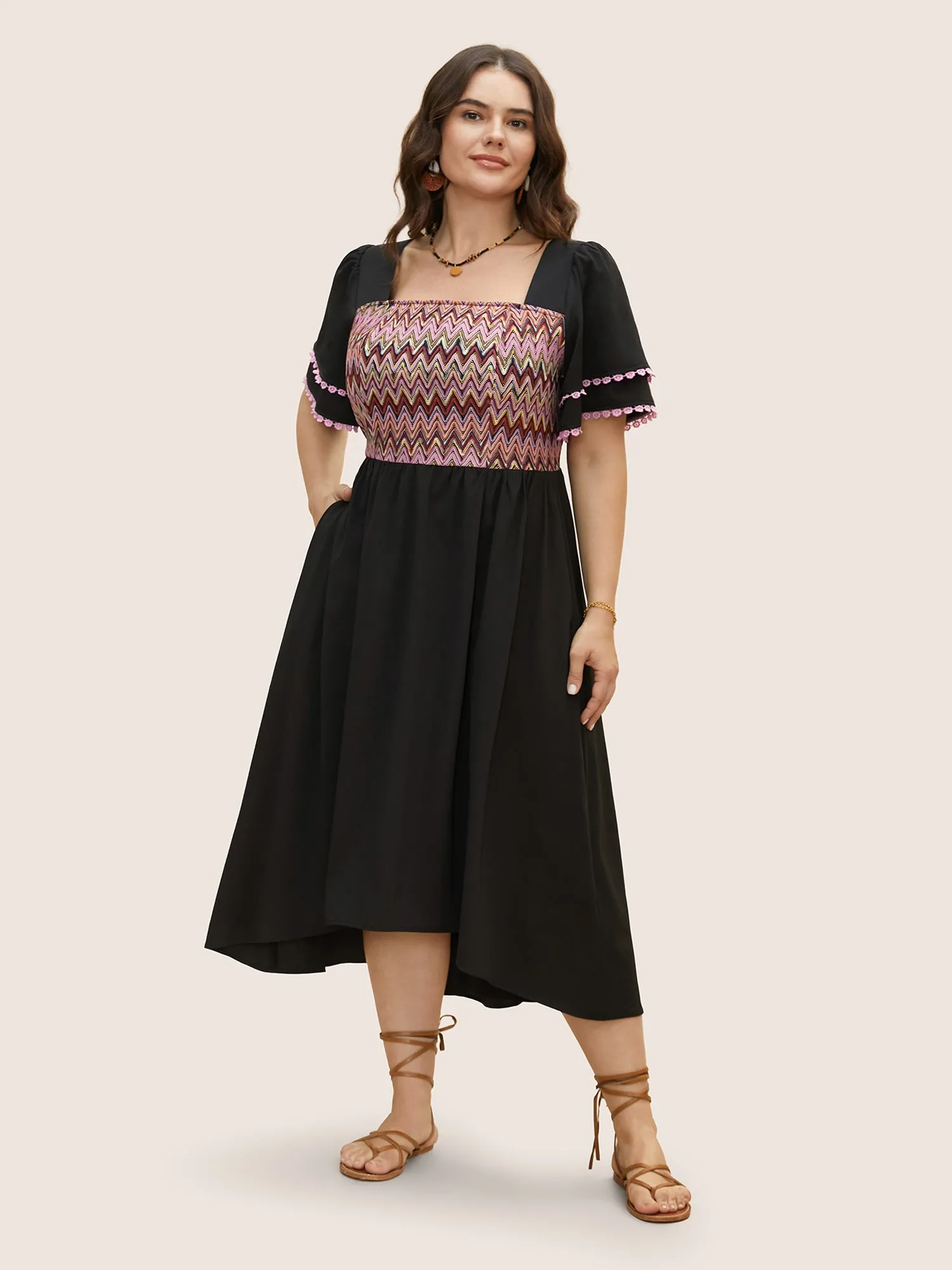 Square Neck Textured Tiered Ruffle Sleeve Dress sold by Bloomchic product image thumbnail 3