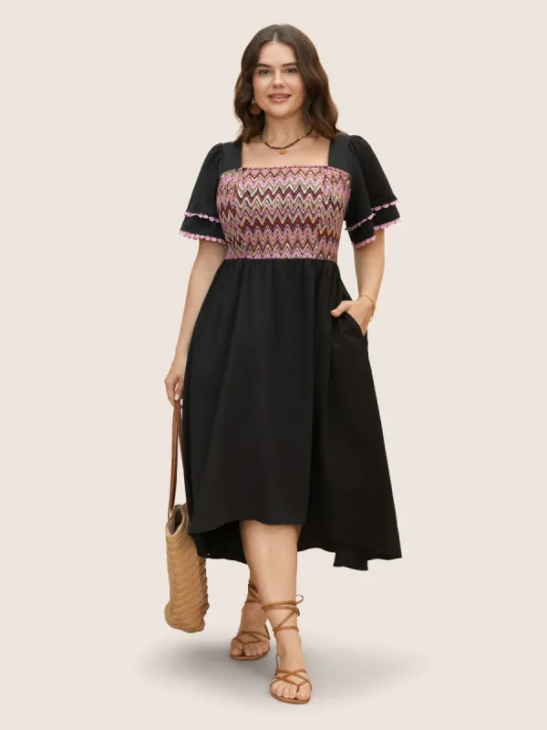 Square Neck Textured Tiered Ruffle Sleeve Dress sold by Bloomchic