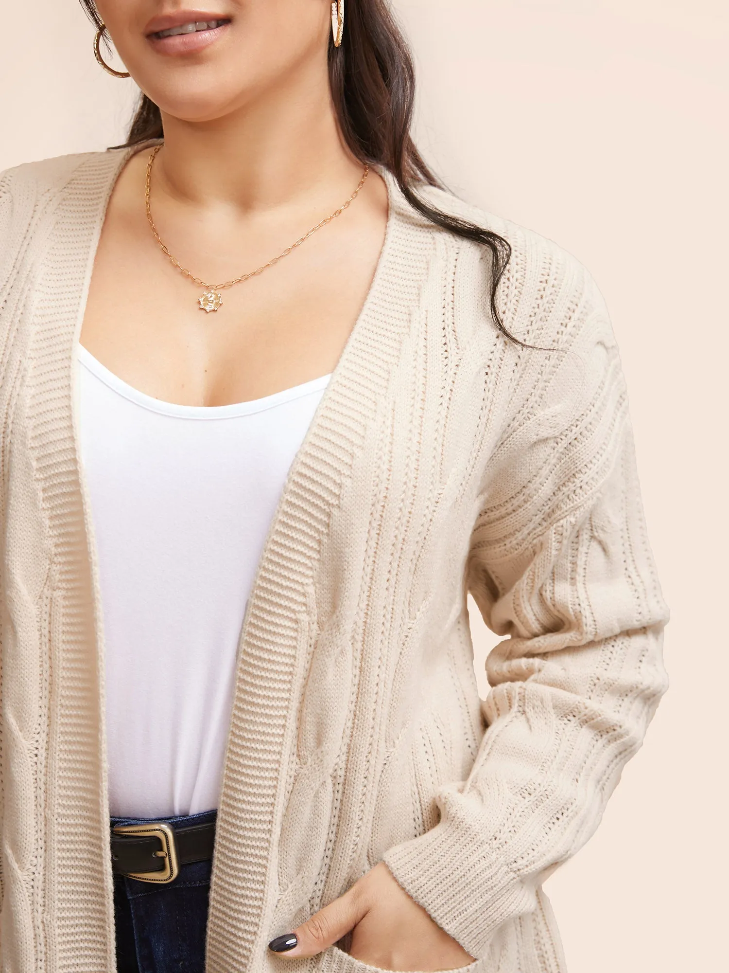 Cable Knit Drop Shoulder Patch Pocket Cardigan sold by Bloomchic product image thumbnail 4