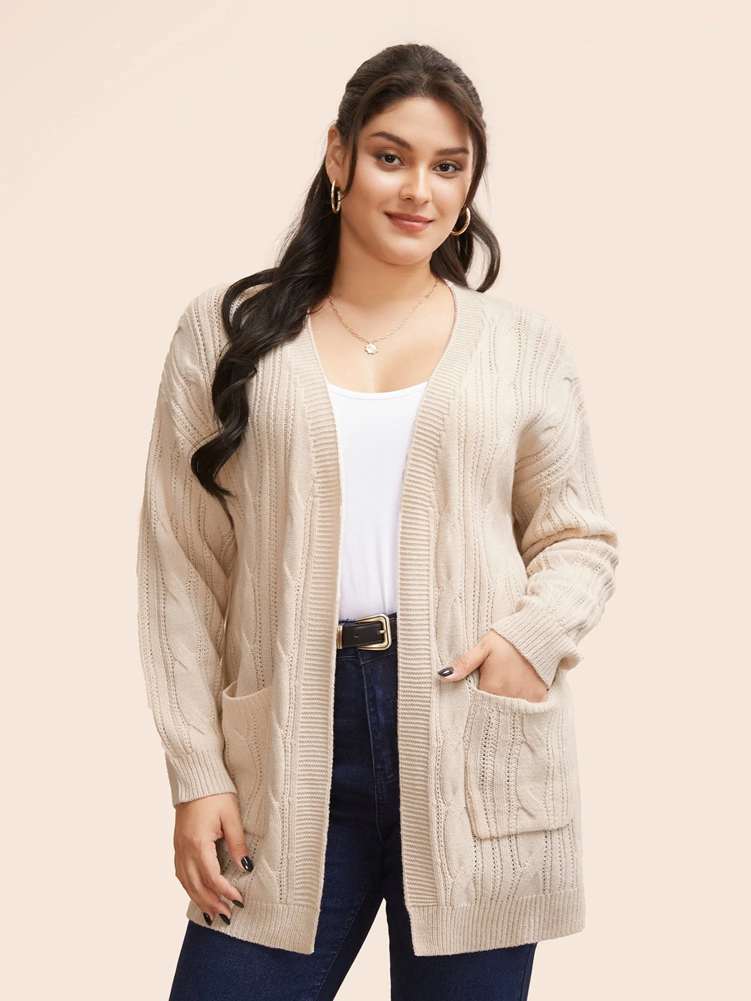 Cable Knit Drop Shoulder Patch Pocket Cardigan sold by Bloomchic