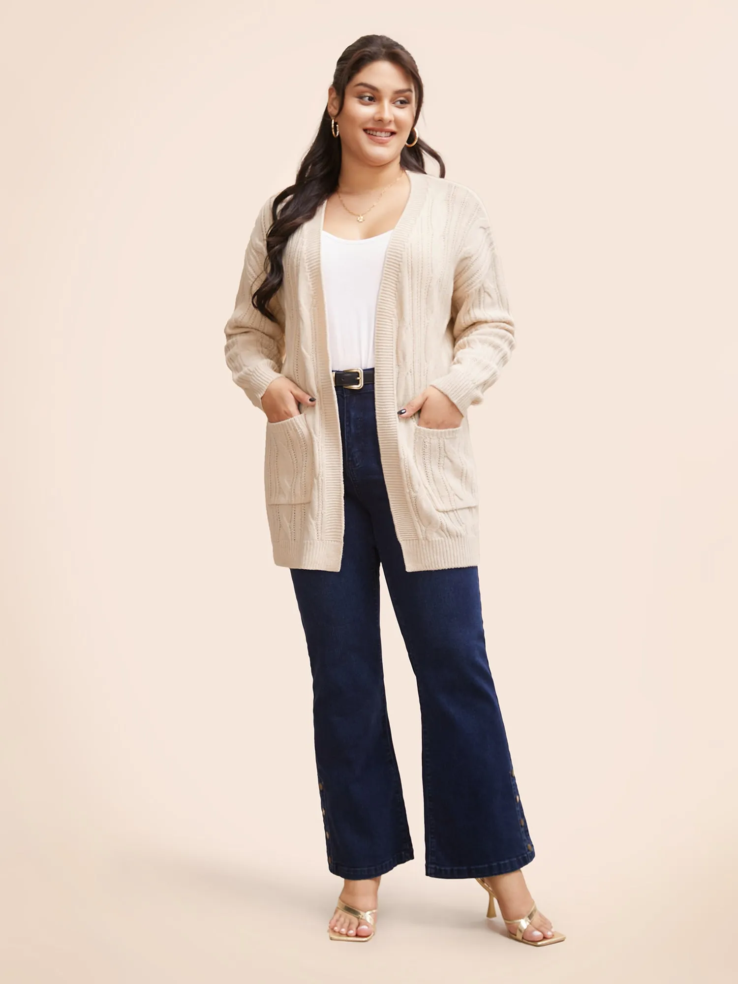 Cable Knit Drop Shoulder Patch Pocket Cardigan sold by Bloomchic product image thumbnail 3