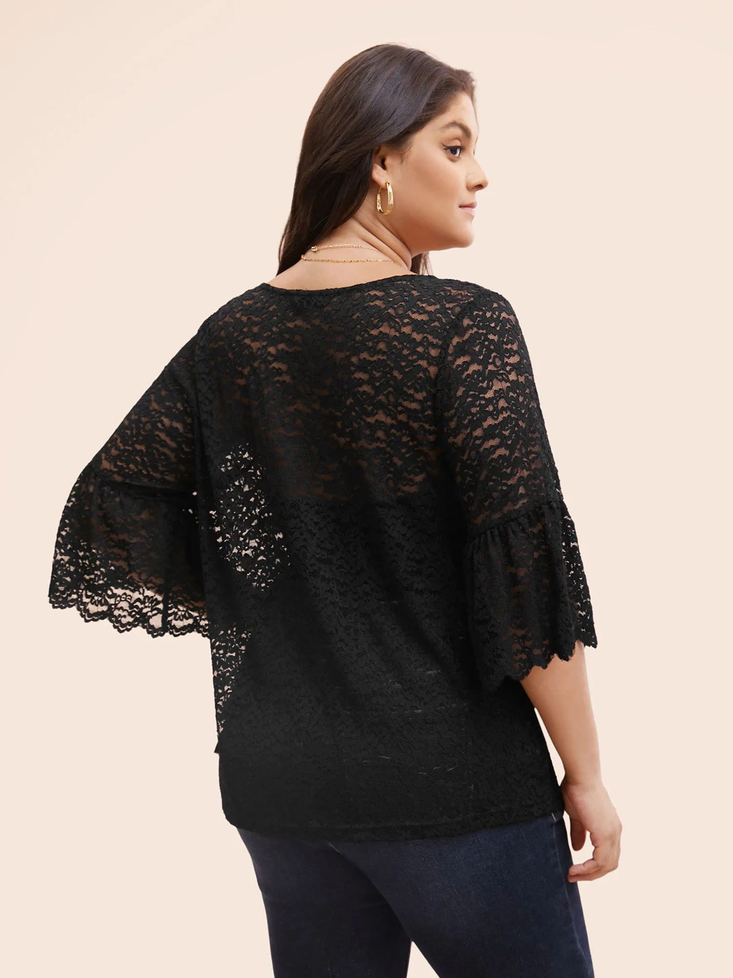 Stretch Lace Mesh Ruffle Trim Blouse sold by Bloomchic product image thumbnail 4