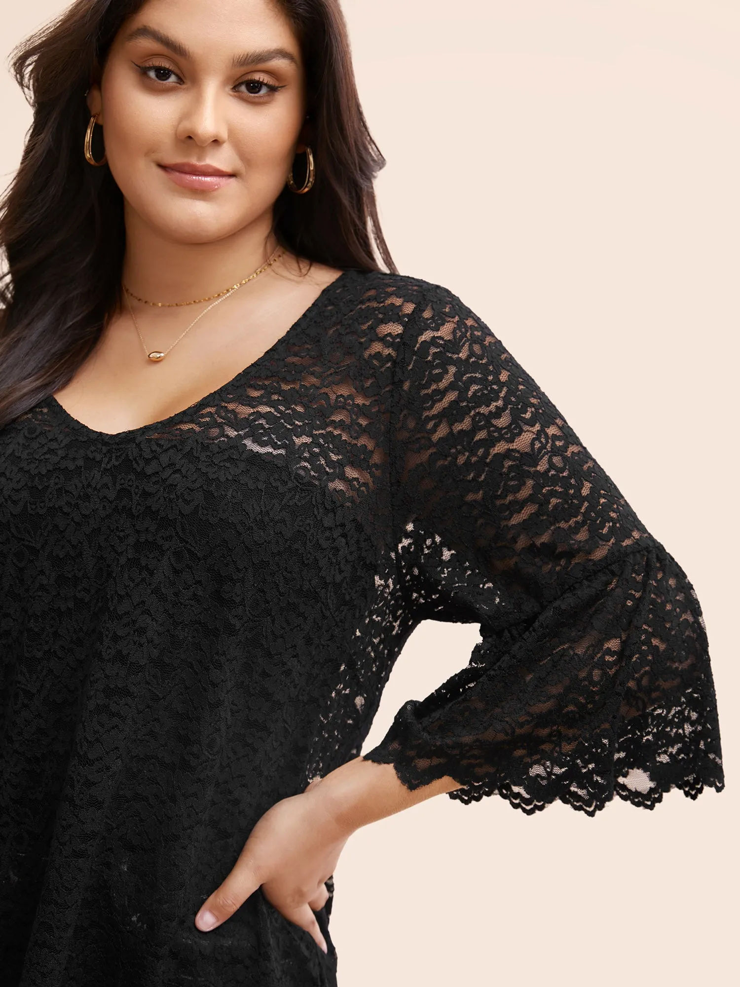 Stretch Lace Mesh Ruffle Trim Blouse sold by Bloomchic product image thumbnail 3
