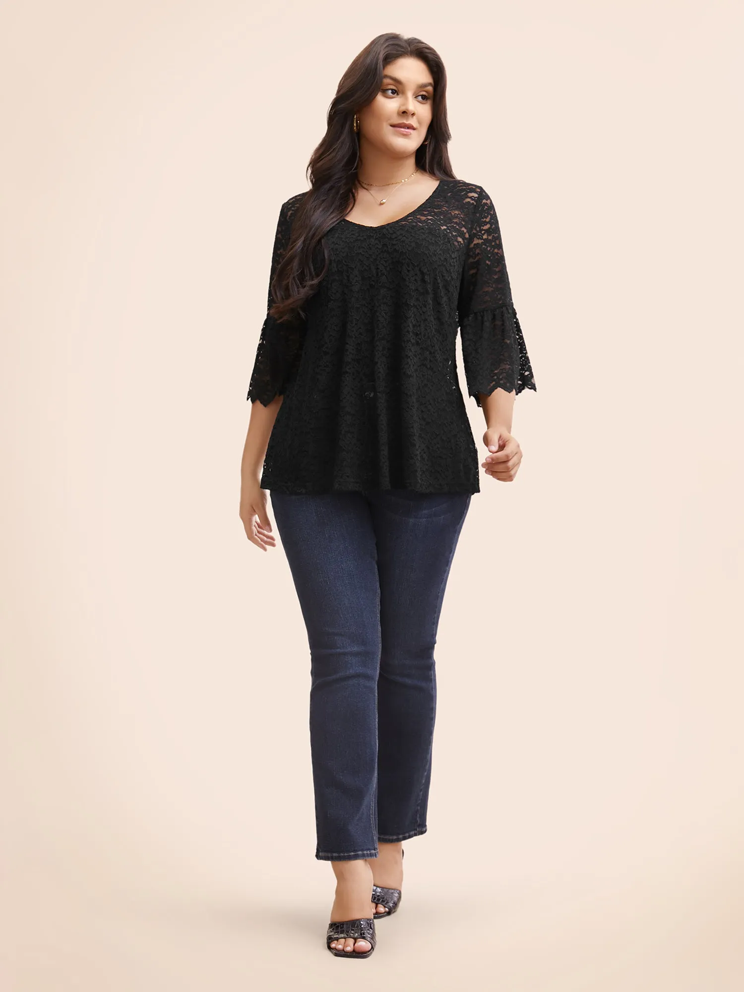 Stretch Lace Mesh Ruffle Trim Blouse sold by Bloomchic product image thumbnail 2