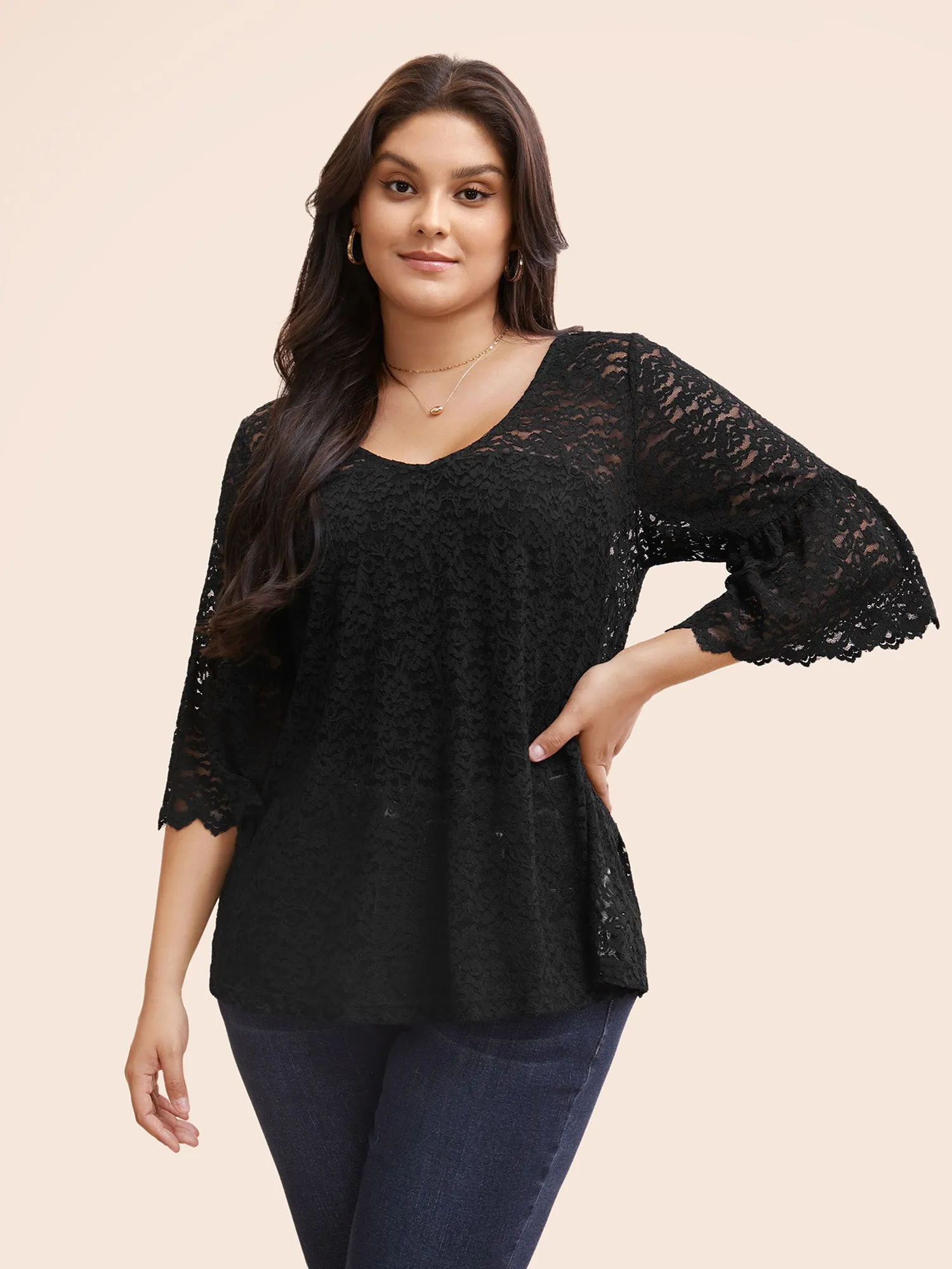 Stretch Lace Mesh Ruffle Trim Blouse sold by Bloomchic