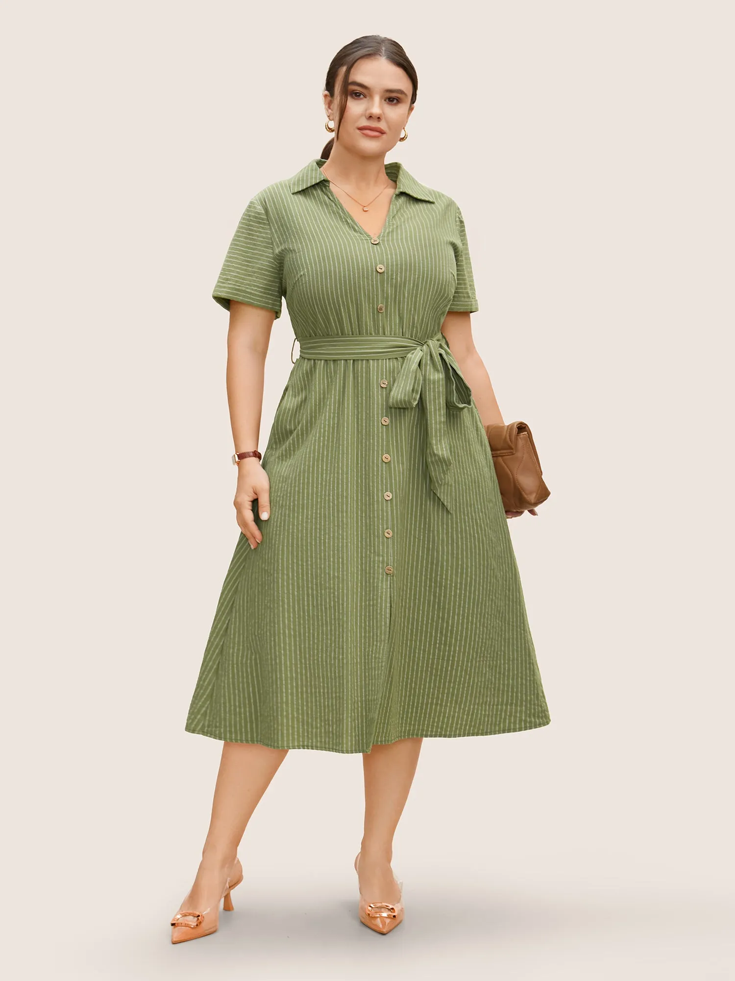 Striped Button Detail Belted Midi Dress sold by Bloomchic