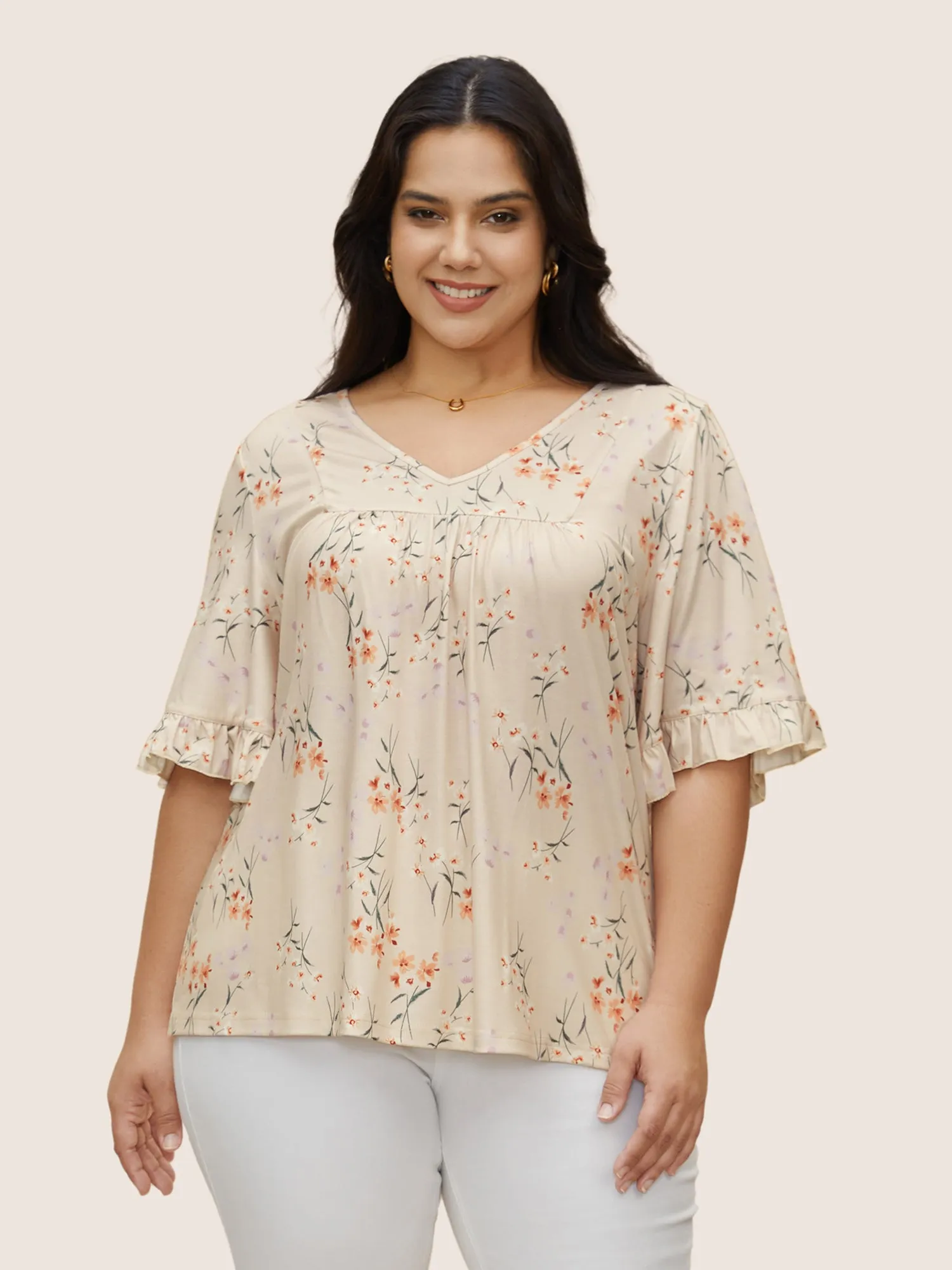 V Neck Floral Print Ruffles Gathered T-shirt sold by Bloomchic