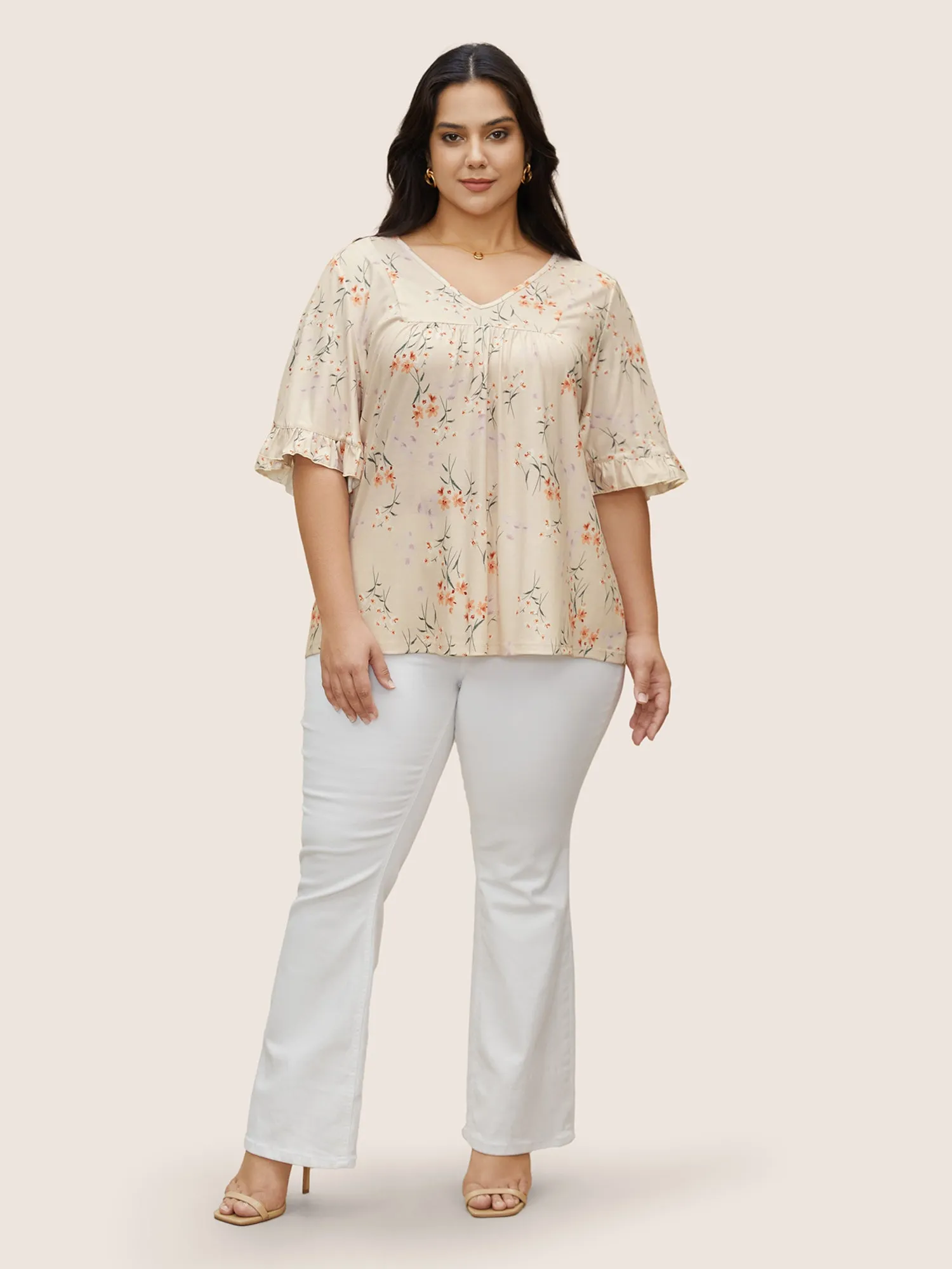 V Neck Floral Print Ruffles Gathered T-shirt sold by Bloomchic product image thumbnail 3