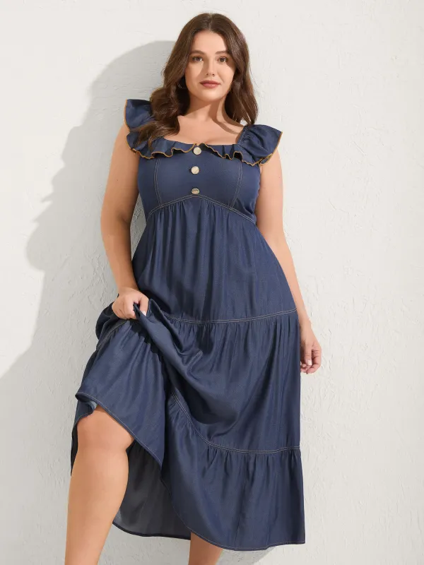 Denim-Like Ruffled Tiered Midi Dress sold by Bloomchic