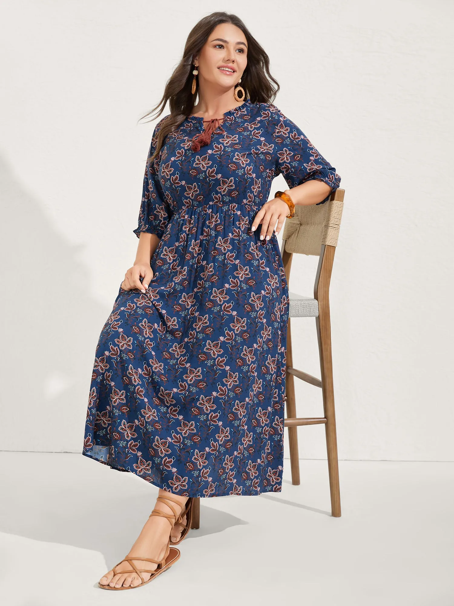 Boho Floral Neck Tie Midi Dress sold by Bloomchic