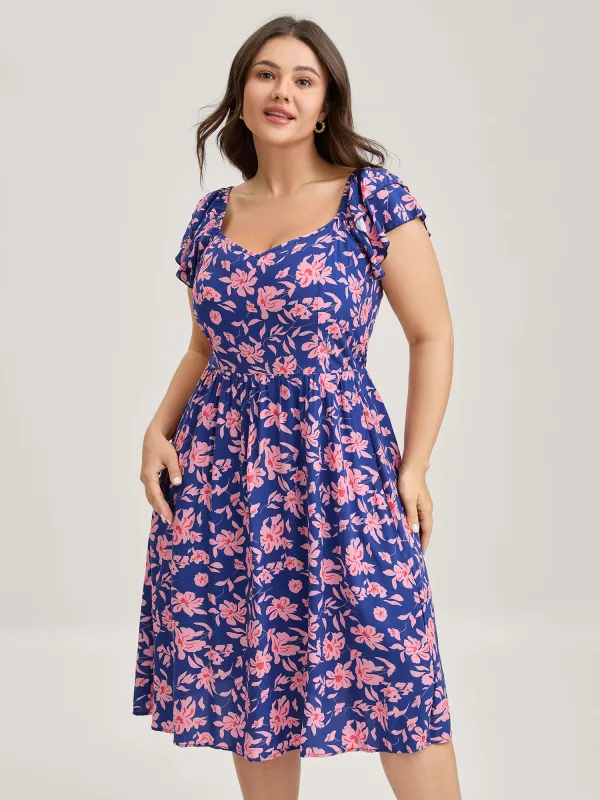 Rayon Silhouette Flower Ruffled Sleeve Midi Dress sold by Bloomchic