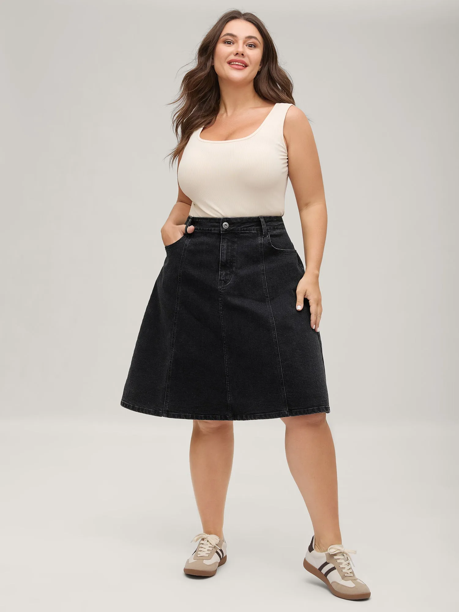 A-Line Pockets Midi Denim Skirt sold by Bloomchic