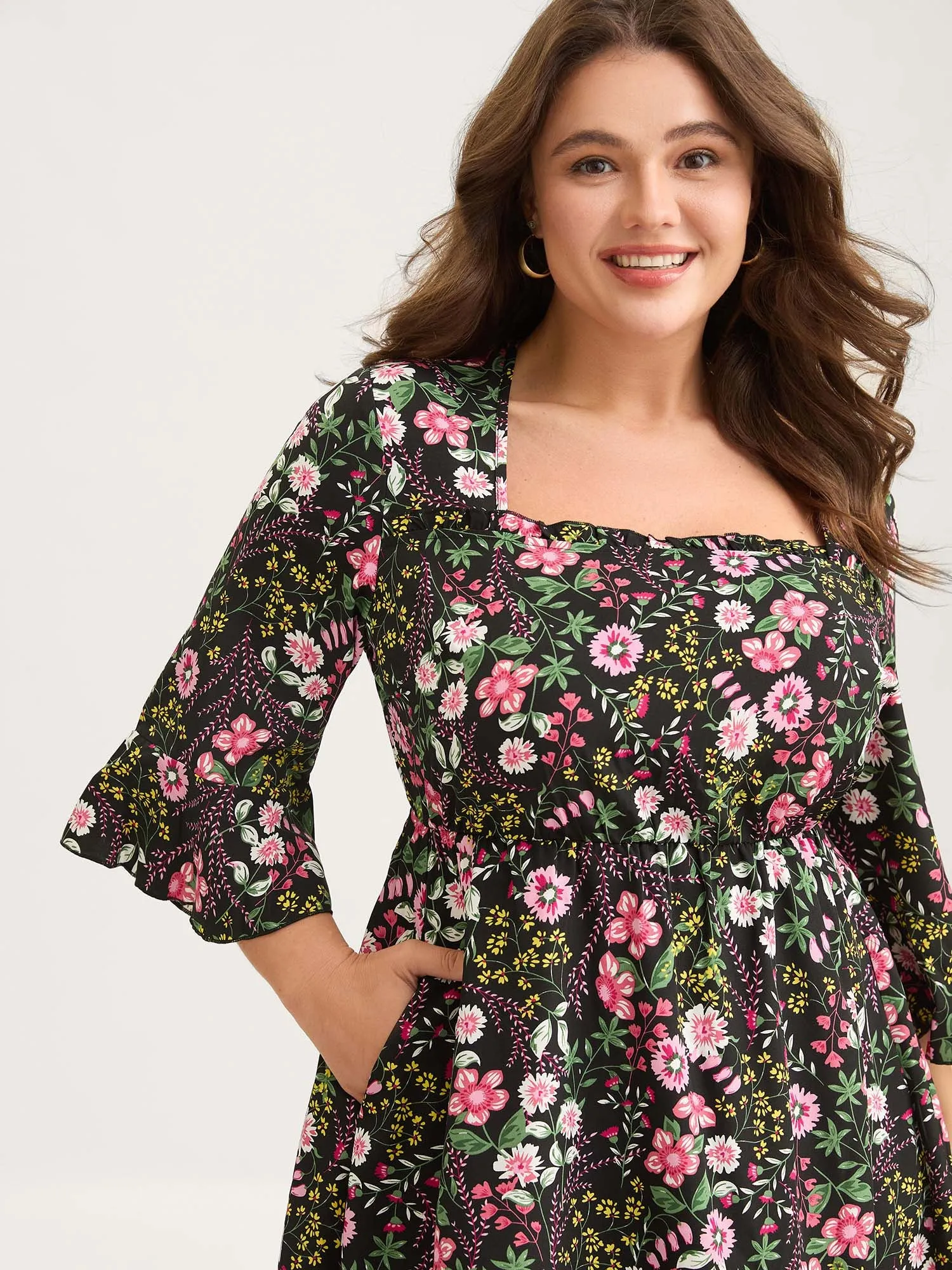 Floral Ruffled Square Neck Midi Dress sold by Bloomchic