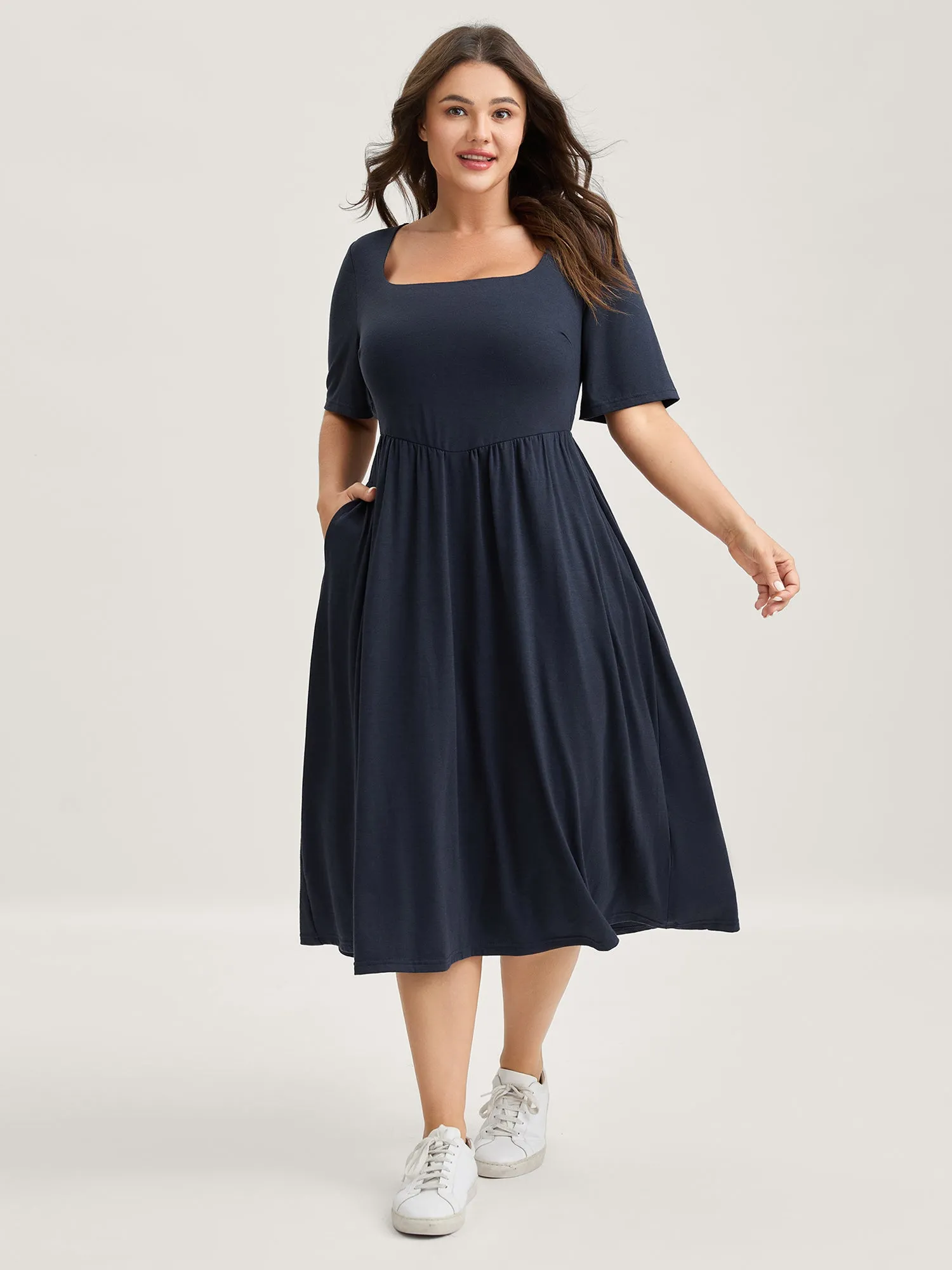 Scoop Neck Stretch Solid Pockets Midi Dress sold by Bloomchic