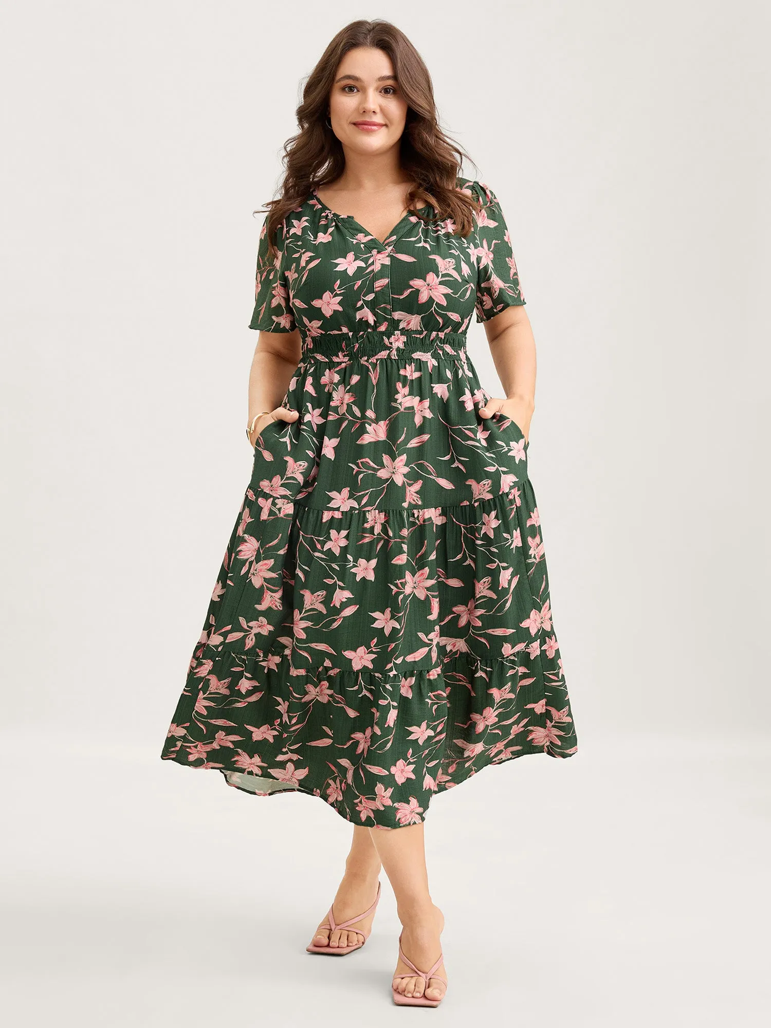 Breezy Floral Shirred Waist Midi Dress sold by Bloomchic product image thumbnail 3