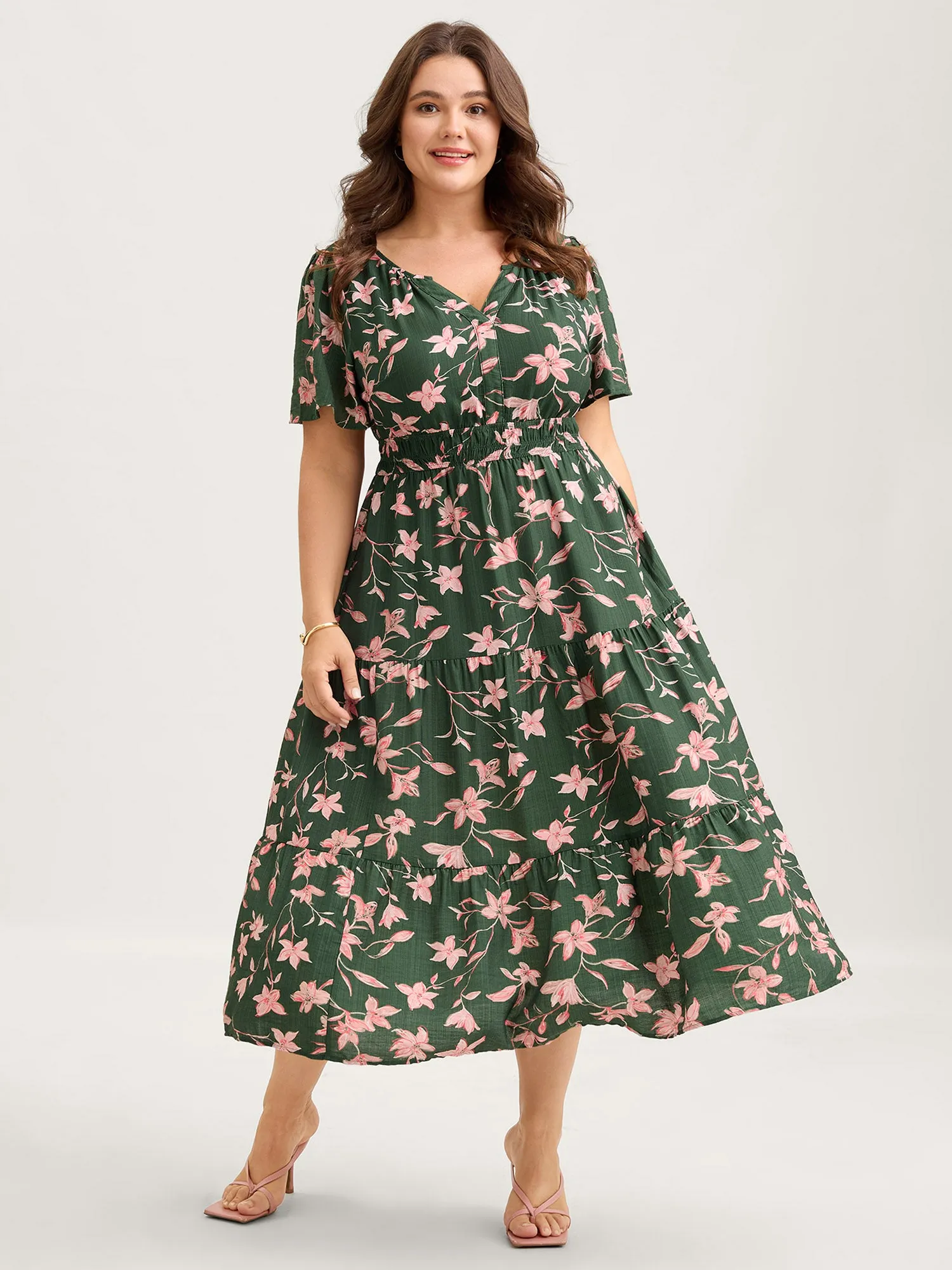 Breezy Floral Shirred Waist Midi Dress sold by Bloomchic