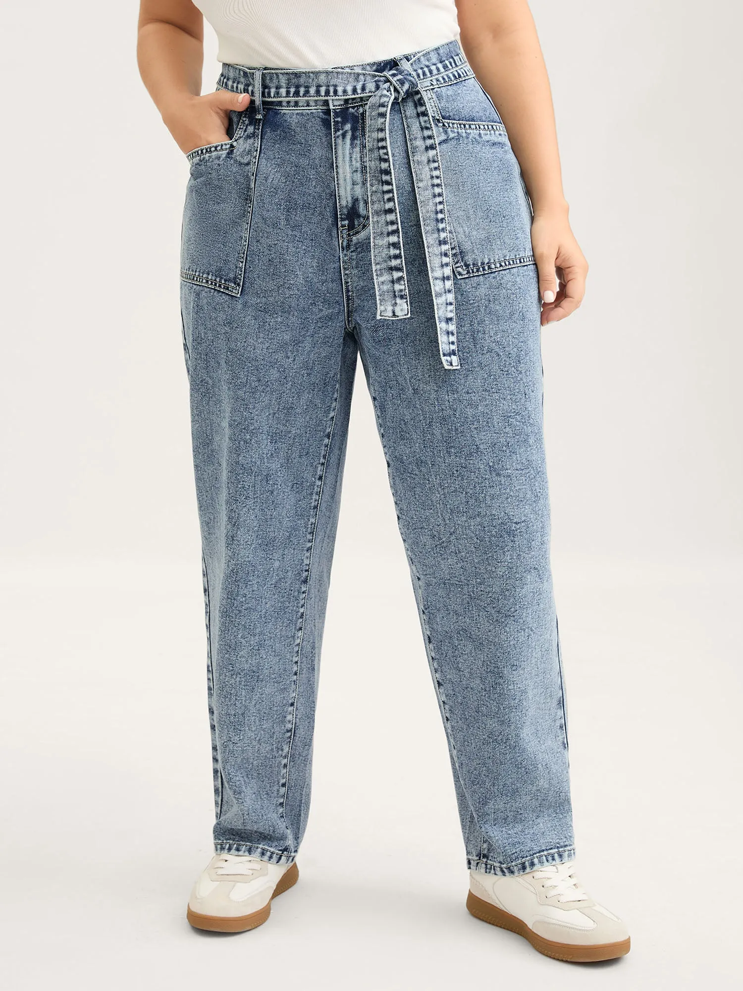 Waist Belted Pockets Boyfriend Jeans sold by Bloomchic product image thumbnail 2