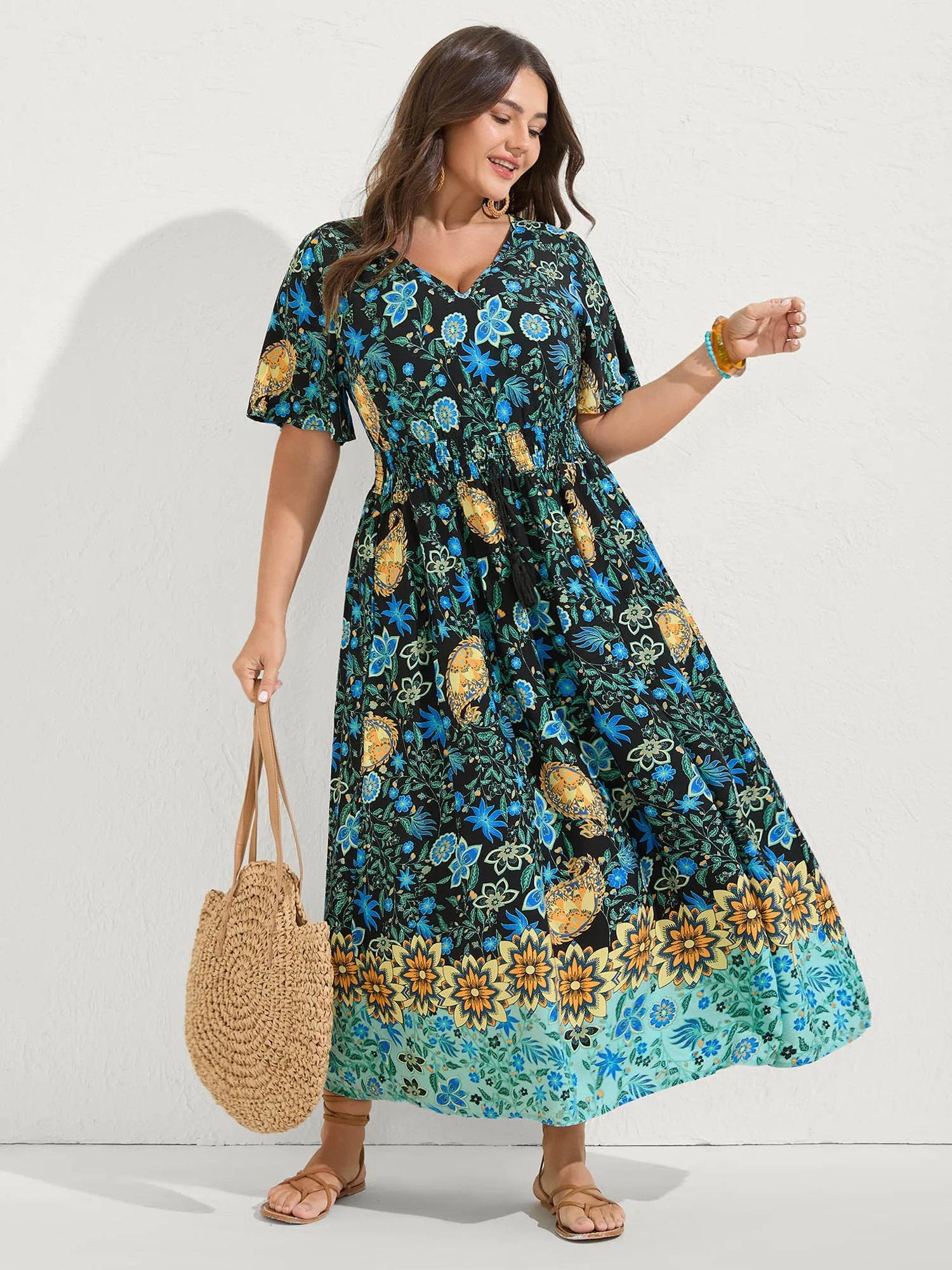 Rayon Paisley Print Shirred Midi Dress sold by Bloomchic product image thumbnail 3
