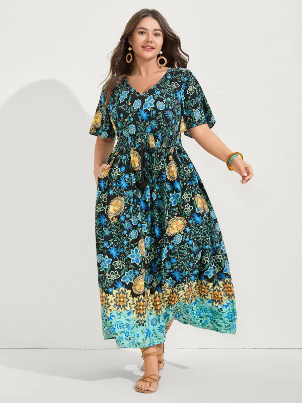 Rayon Paisley Print Shirred Midi Dress sold by Bloomchic