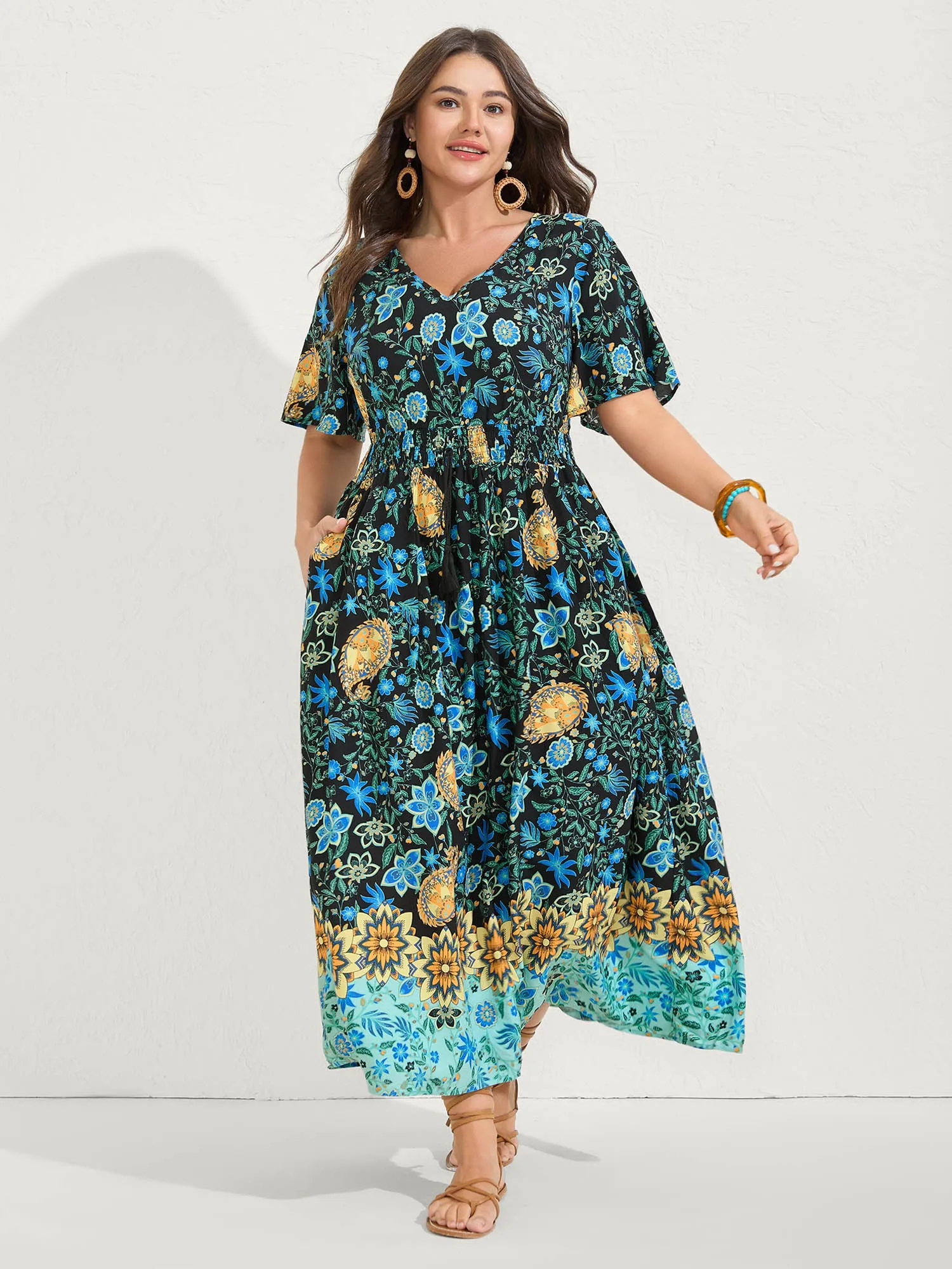 Rayon Paisley Print Shirred Midi Dress sold by Bloomchic
