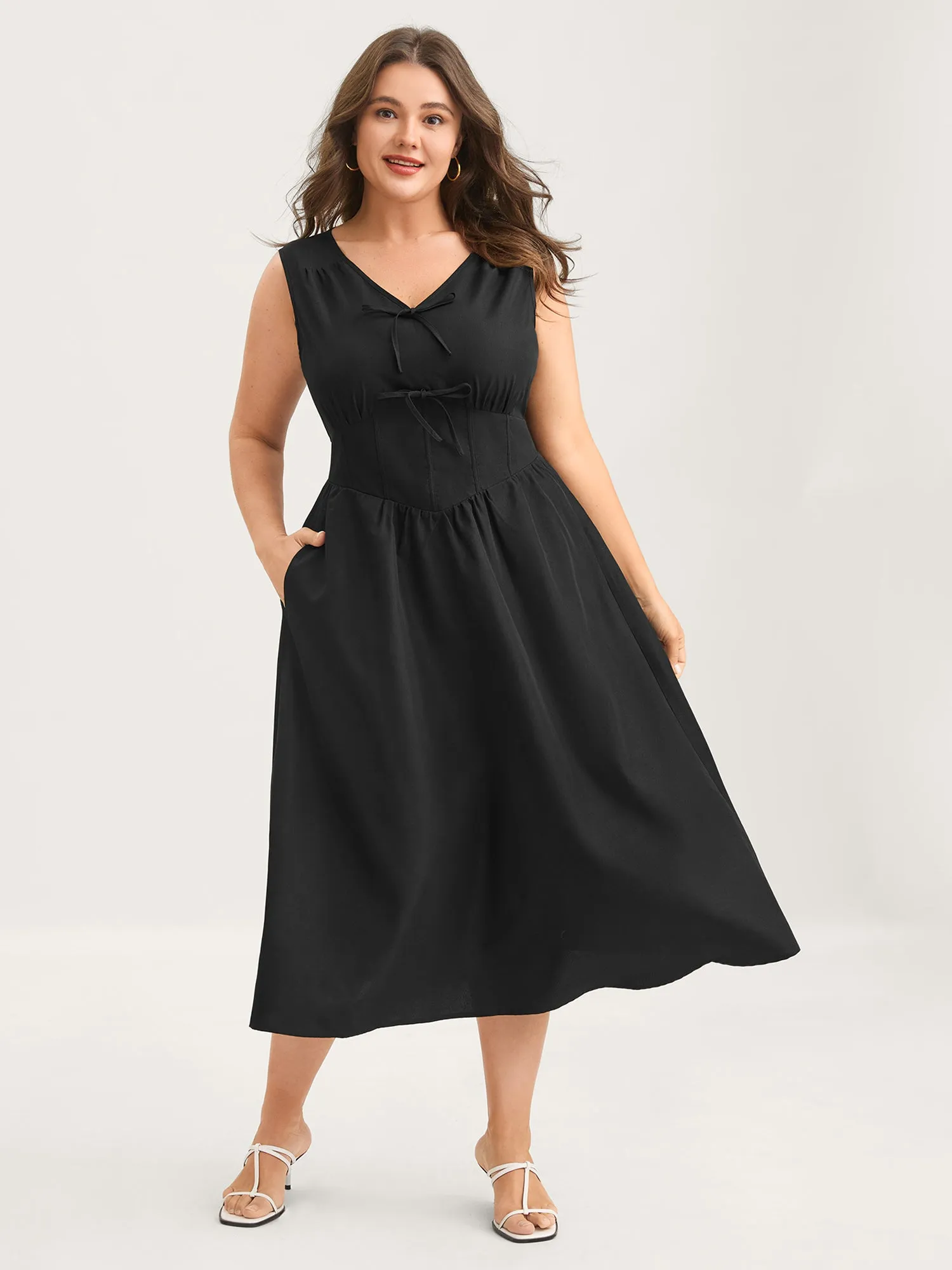 Bow Tie Drop Waist Shirred Midi Dress sold by Bloomchic product image thumbnail 3
