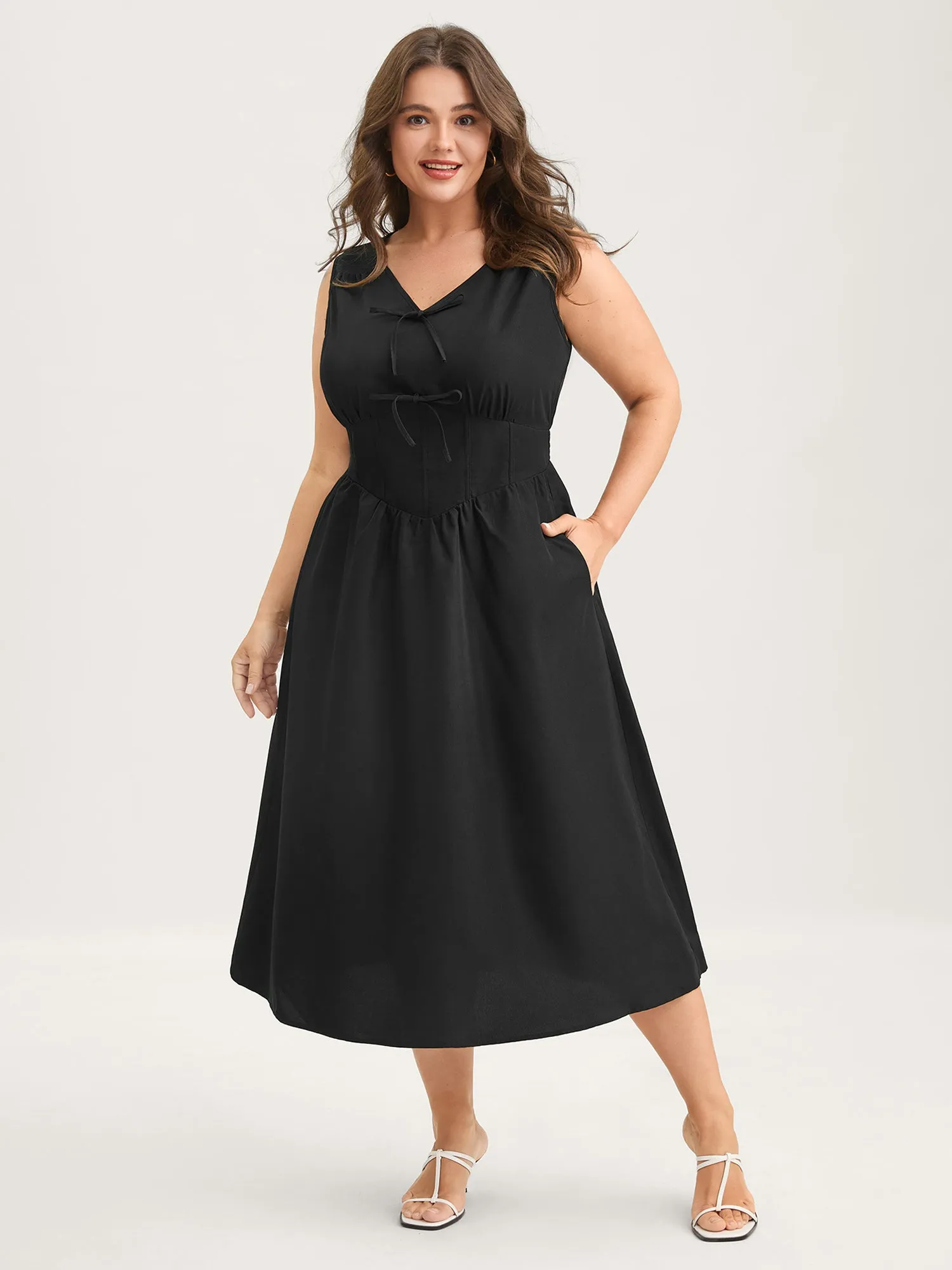 Bow Tie Drop Waist Shirred Midi Dress sold by Bloomchic product image thumbnail 2