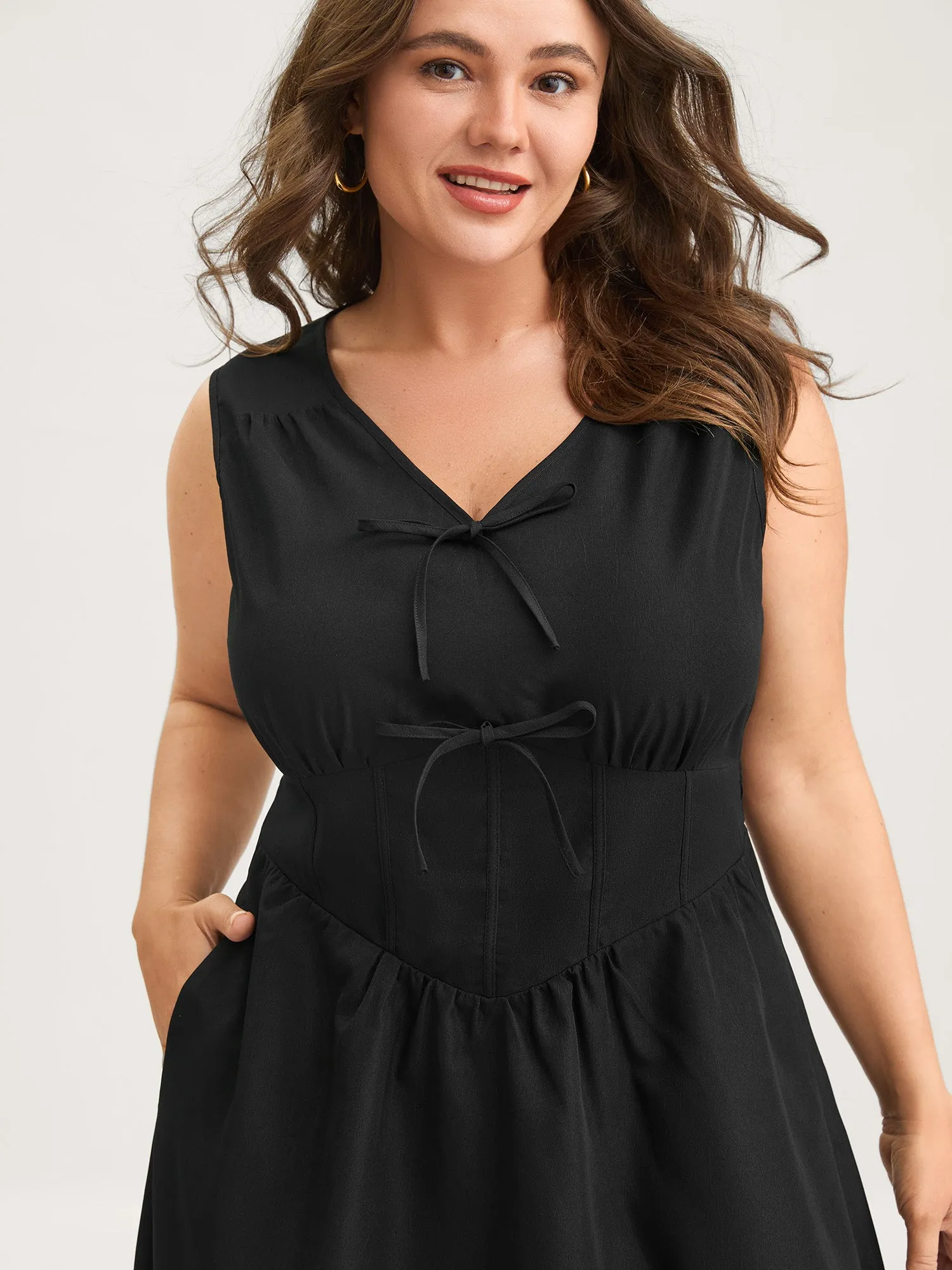 Bow Tie Drop Waist Shirred Midi Dress sold by Bloomchic