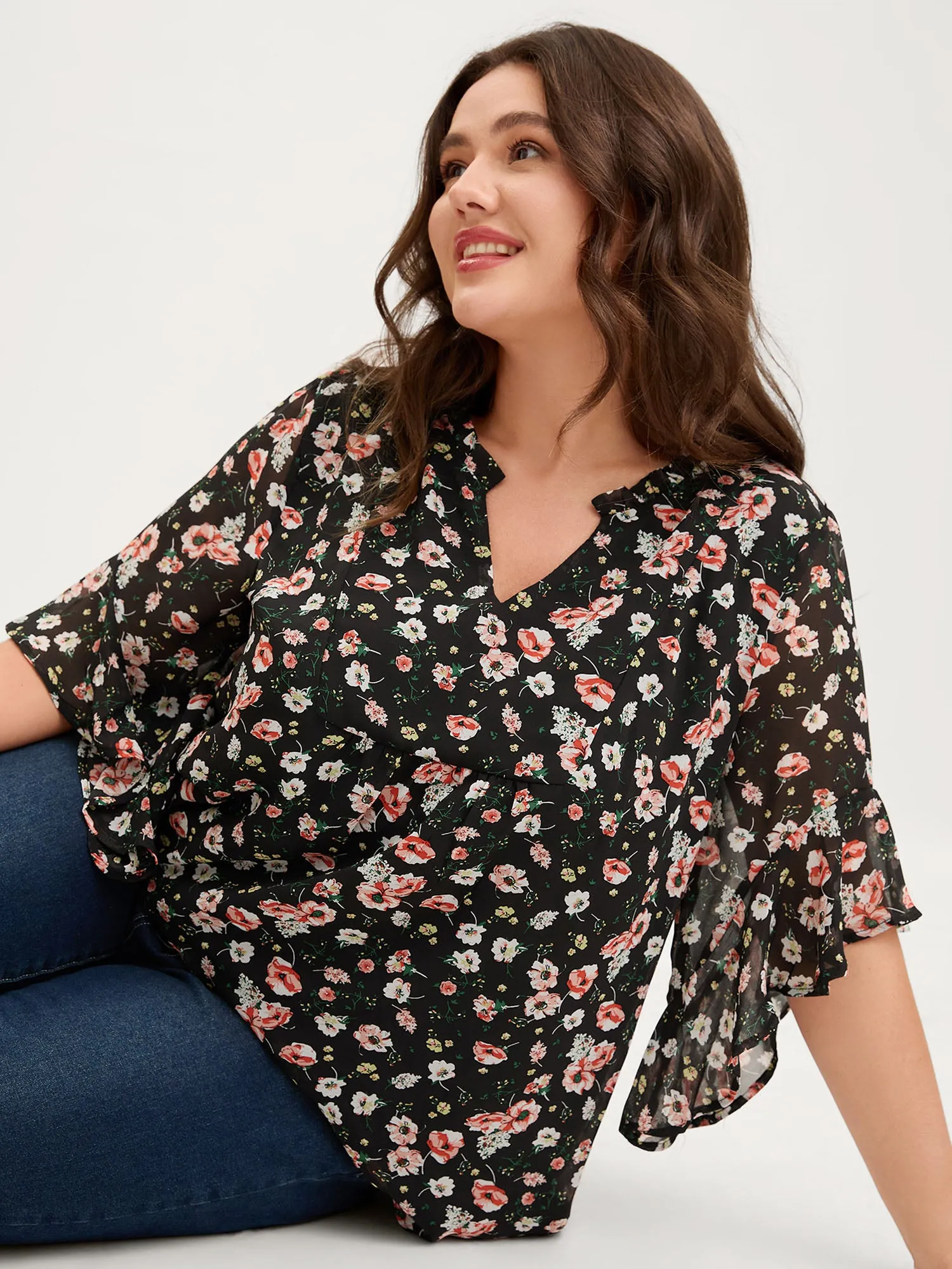 Chiffon Floral Ruffled Sleeve Blouse sold by Bloomchic