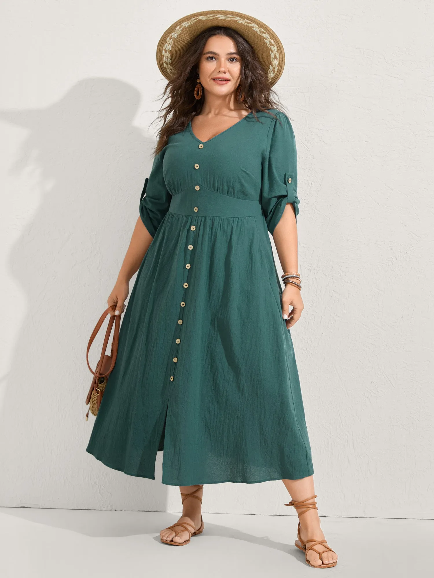 Pure Cotton Button Gathered Sleeve Midi Dress sold by Bloomchic